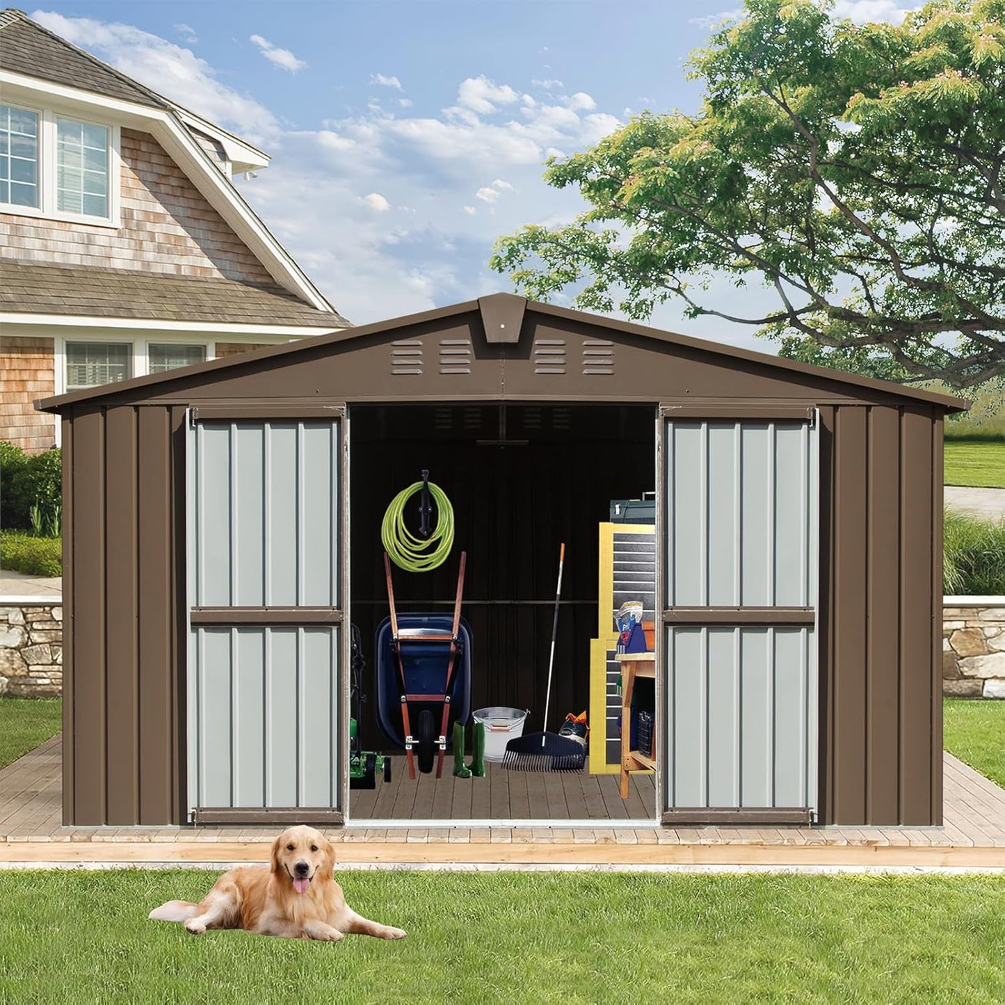 Large Storage Shed 11x12.5ft with Windows, Galvanized Steel Outdoor Garden Shed - 900 Cu.Ft Utility Tool Room, Lockable Double Doors & Sloped Roof for Patio, Backyard (Brown)