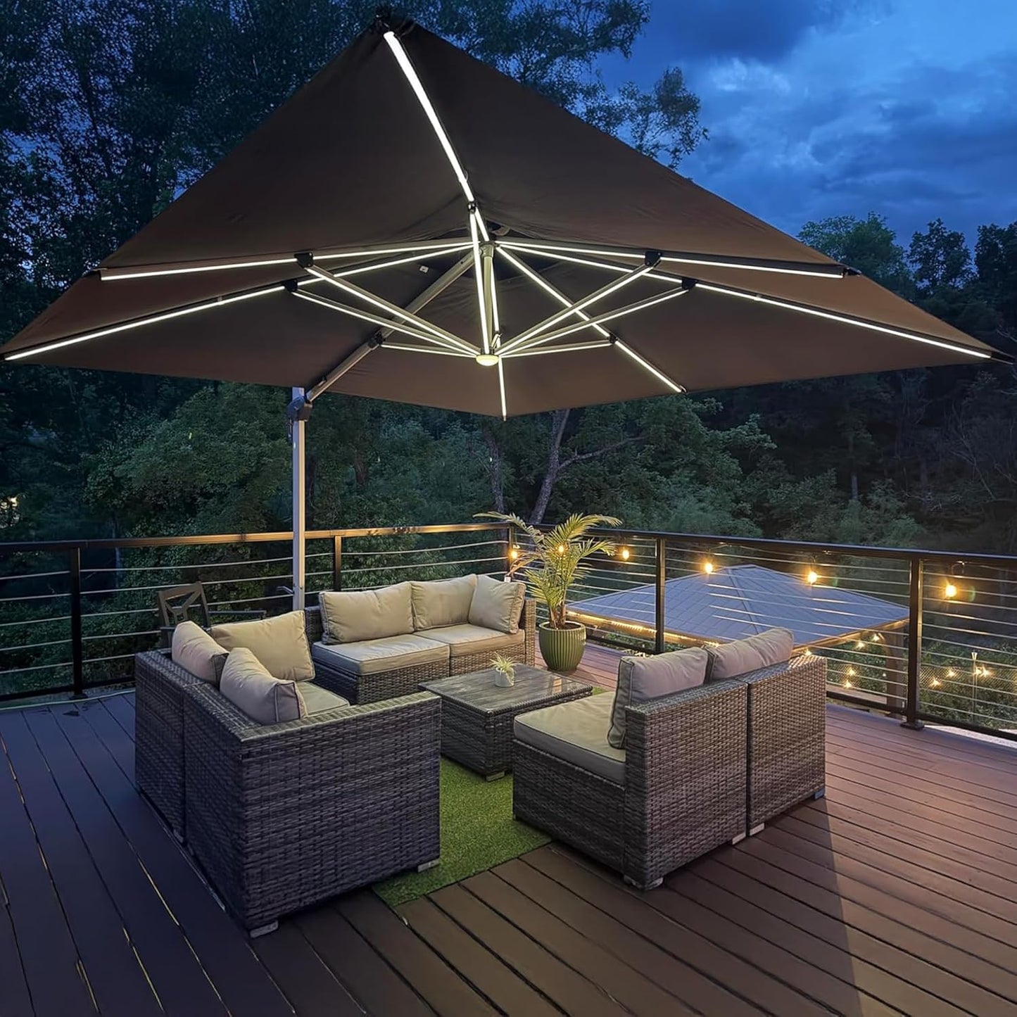 PURPLE LEAF 9' X 12' Solar Powered LED Patio Umbrella Cantilever Umbrellas Offset Double Top Hanging Outdoor Umbrella Market Umbrellas for Garden, Heather Taupe