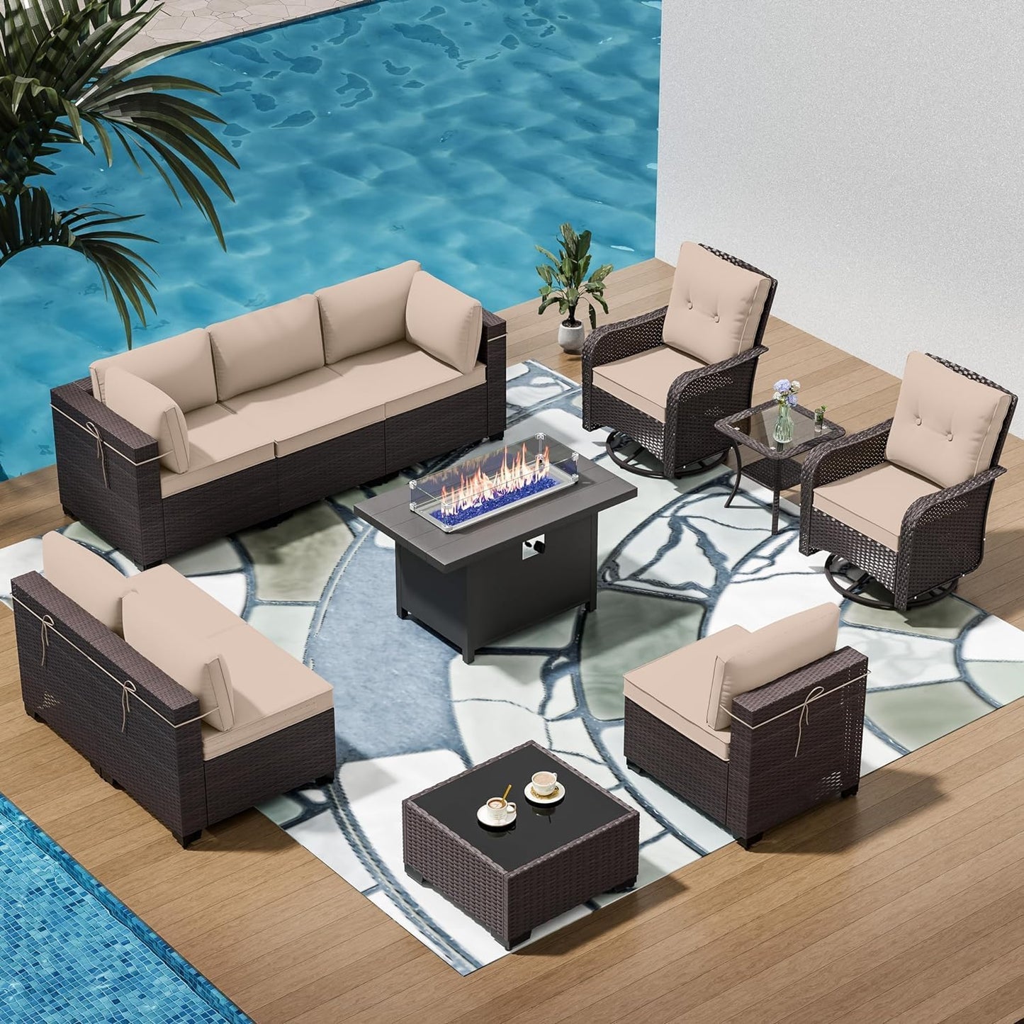 12 Pcs Outdoor Patio Furniture Set Outdoor Furniture All Weather Patio Sectional Sofa PE Wicker Modular Conversation Sets with Coffee Table, Swivel Rocking Chair (Grey)