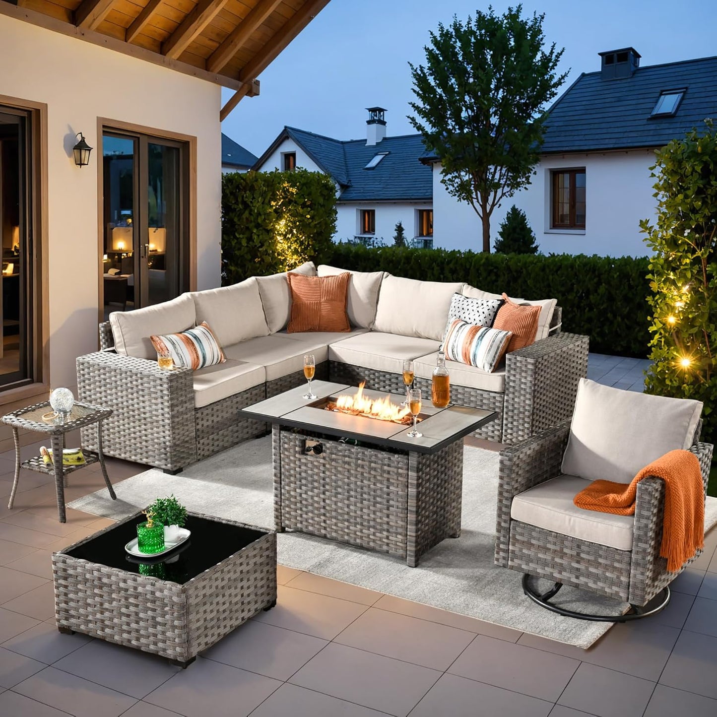 ovios 16 Pieces Patio Furniture Set, Outdoor Wicker Sectional Sofa with 54" Fire Pit Table Swivel Chairs, Modern Modular Deep Seat Rattan Couch Conversation Sets, Beige
