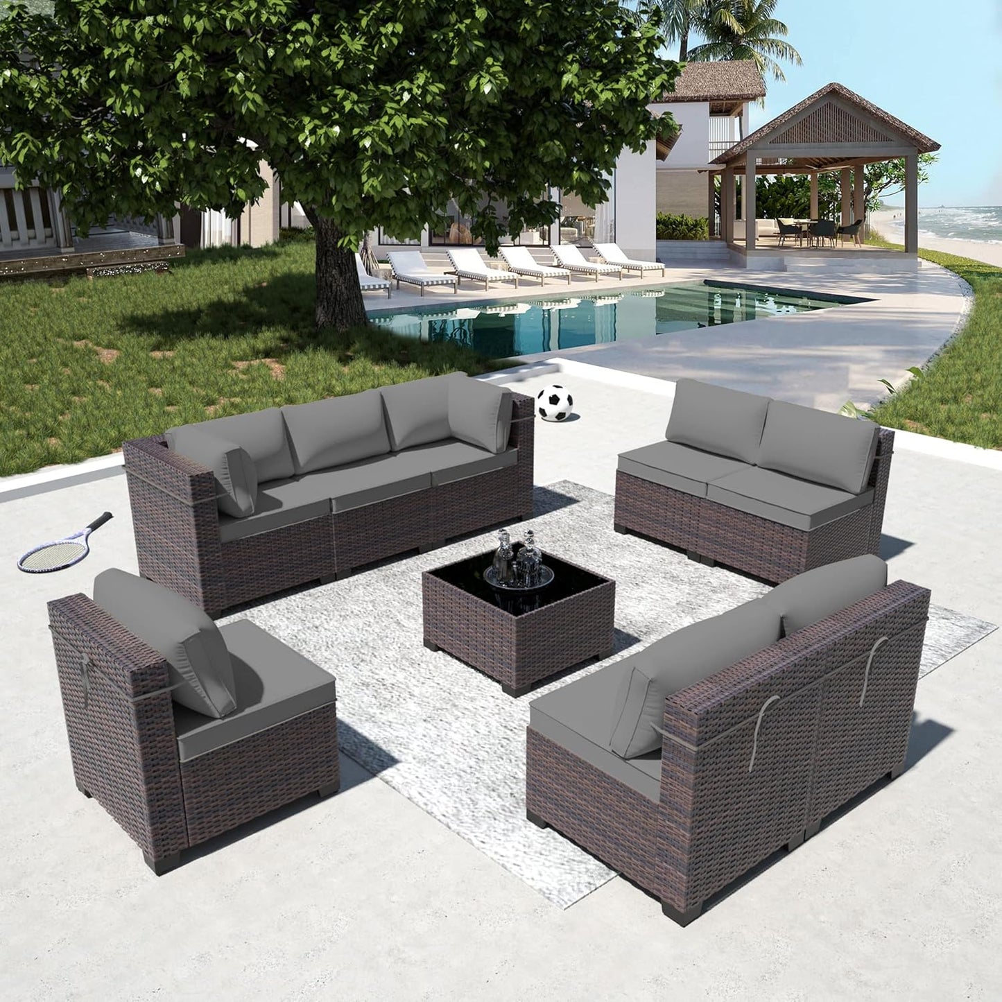 12 Pcs Outdoor Patio Furniture Set Outdoor Furniture All Weather Patio Sectional Sofa PE Wicker Modular Conversation Sets with Coffee Table, Swivel Rocking Chair (Grey)