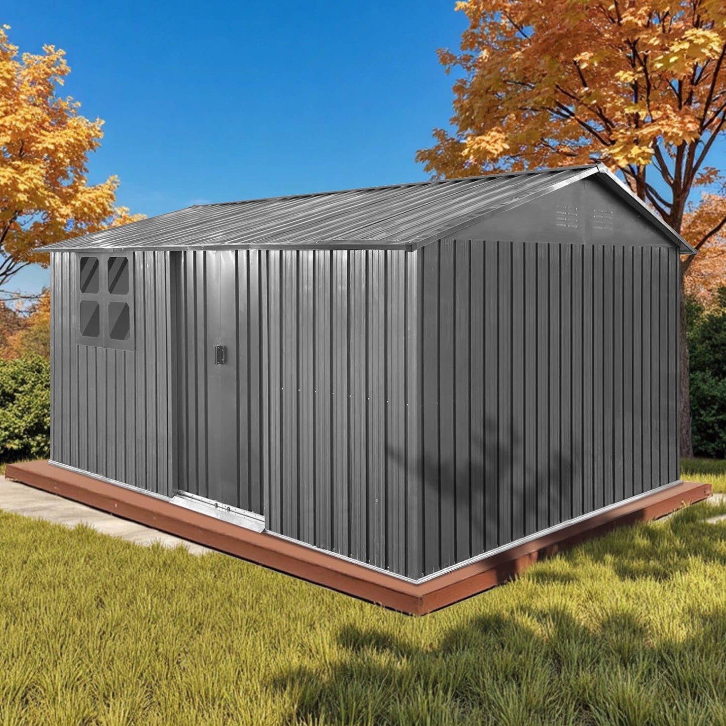 12x10 Ft Storage Shed Outdoor, XL Permanent Steel Building with Window, Sliding Doors and 4 Air Vents for Backyard Garden Patio Lawn - Black