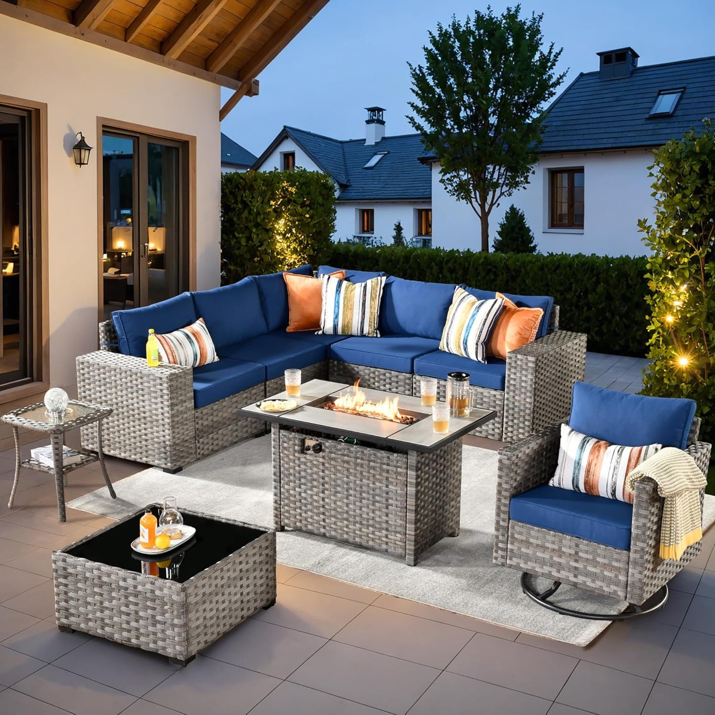 ovios 16 Pieces Patio Furniture Set, Outdoor Wicker Sectional Sofa with 54" Fire Pit Table Swivel Chairs, Modern Modular Deep Seat Rattan Couch Conversation Sets, Beige