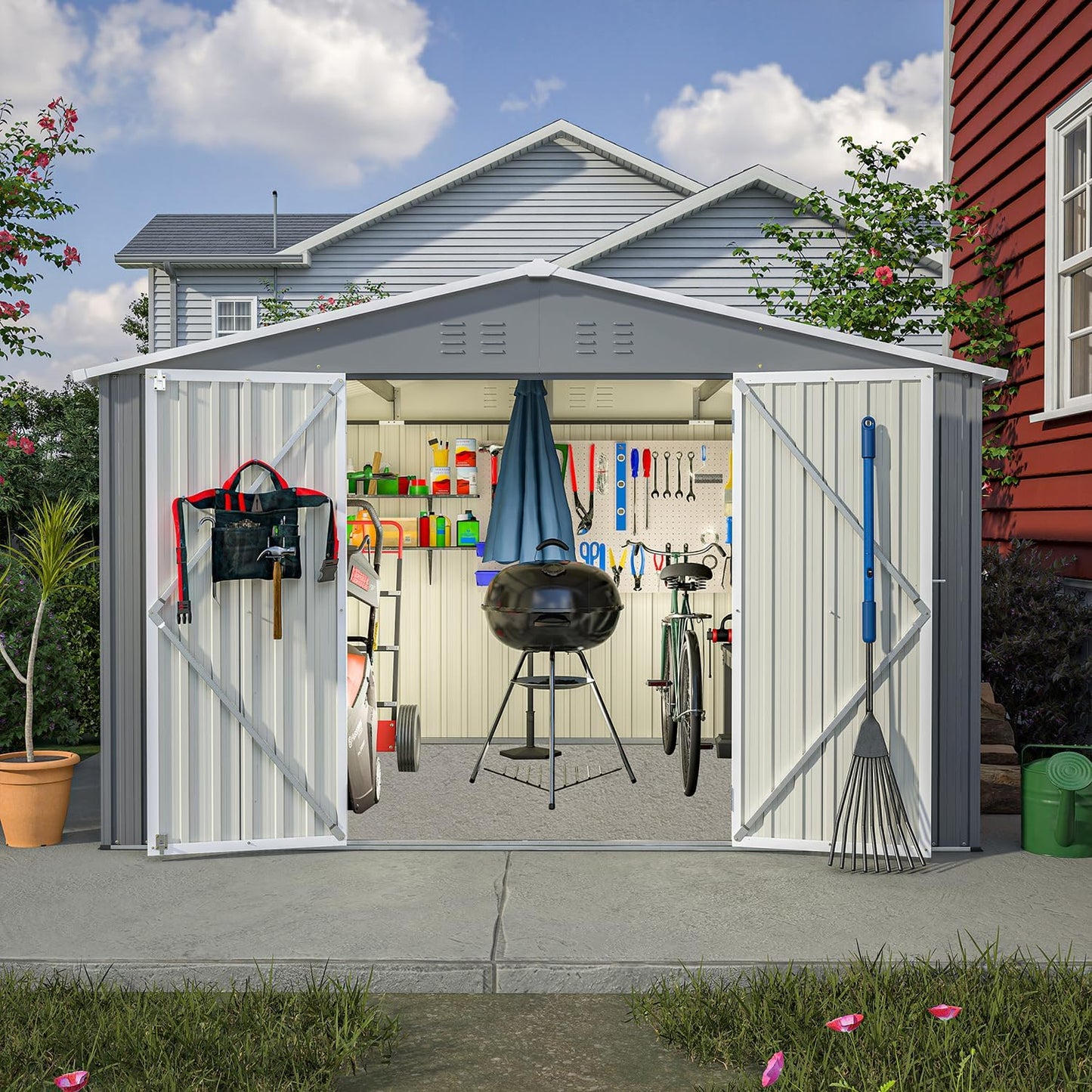 Large Storage Shed 11x12.5ft with Windows, Galvanized Steel Outdoor Garden Shed - 900 Cu.Ft Utility Tool Room, Lockable Double Doors & Sloped Roof for Patio, Backyard (Brown)