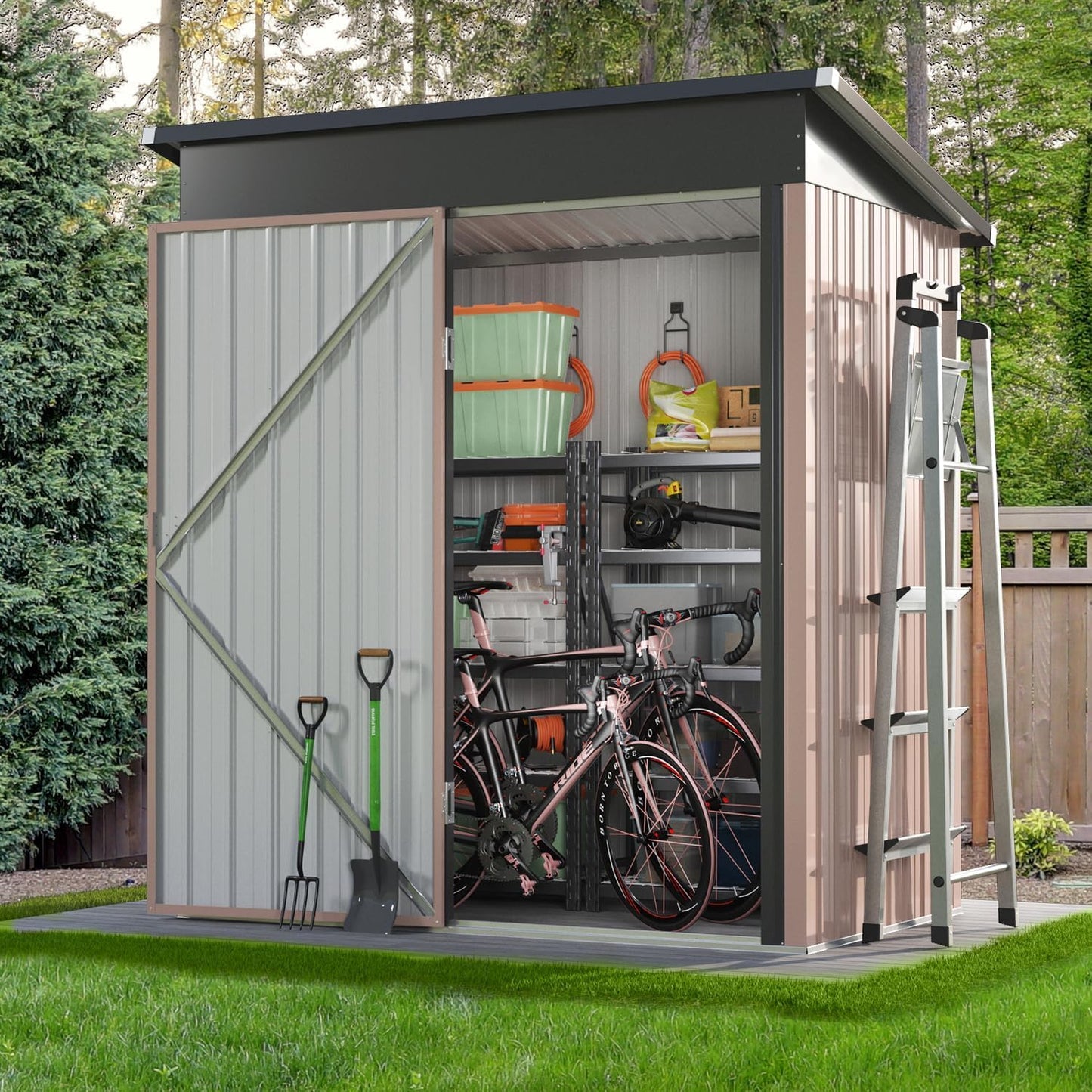 Aoxun 10 x 12FT Outdoor Storage Shed with Double Hinged Large Door Utility Garden Shed with Lockable Door & Sloped Roof Metal Sheds Outdoor Storage for Garden, Backyard, Patio and Backyard, Brown