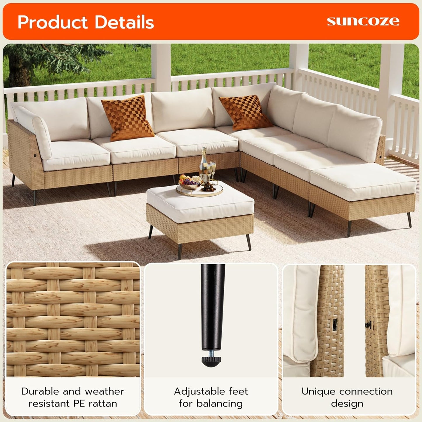 SUNCOZE 8 Pieces Outdoor Patio Furniture Sets, Outdoor Sectional Furniture PE Rattan Wicker Sofa Set, All Weather Patio Conversation Set with Cushion and Ottoman for Deck, Lawn and Pool