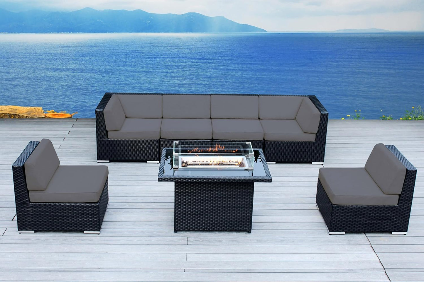 7 Piece Outdoor Patio Furniture Black Wicker Conversation Set with Fully Assembled Sectional and 42-inch Propane Gas Fire Table