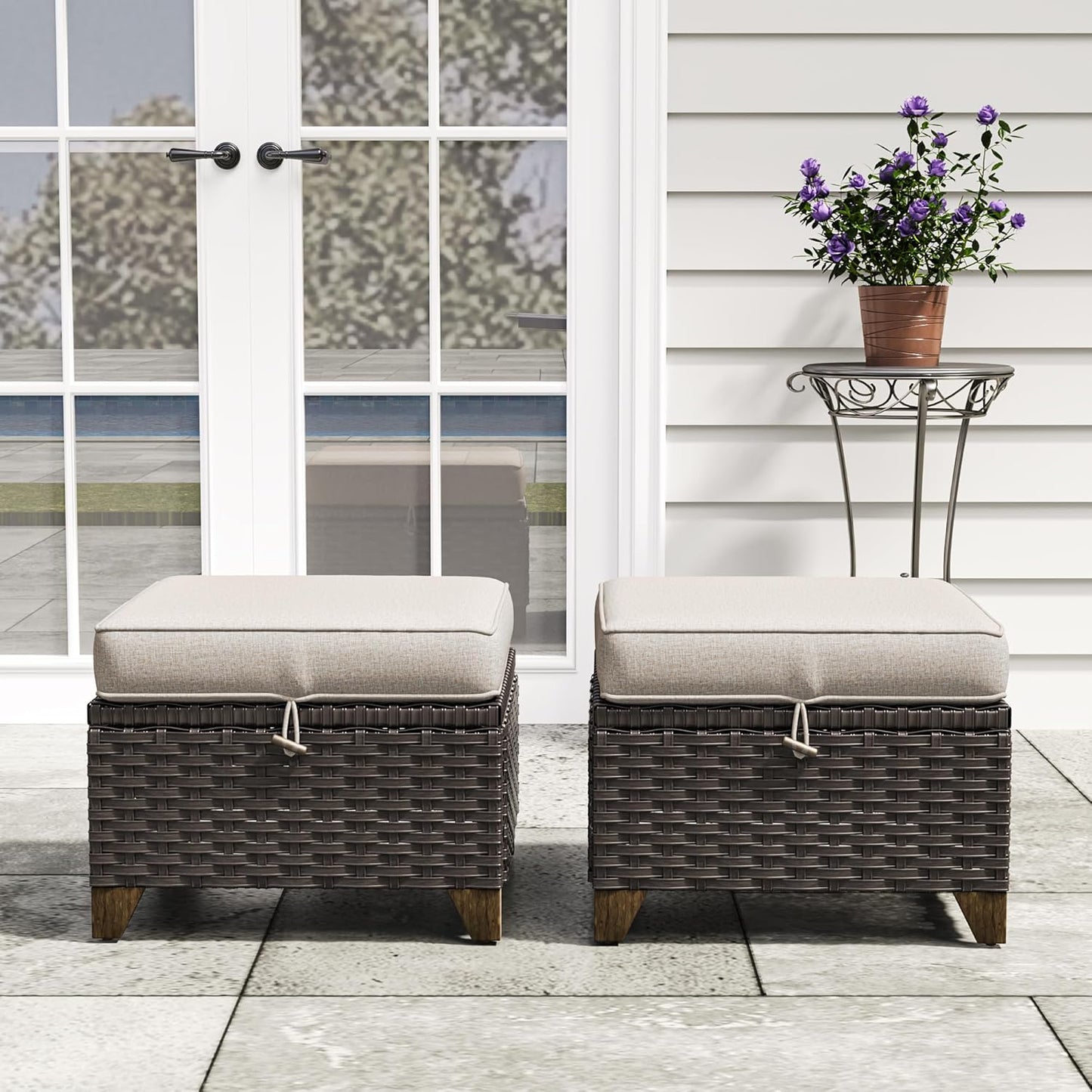 77'' Patio Sofa, All Weather Outdoor Rattan Wicker 3-Seat Sofa High Back Couch with Premium Cushions for Garden Backyard Porch(Brown/Navy)