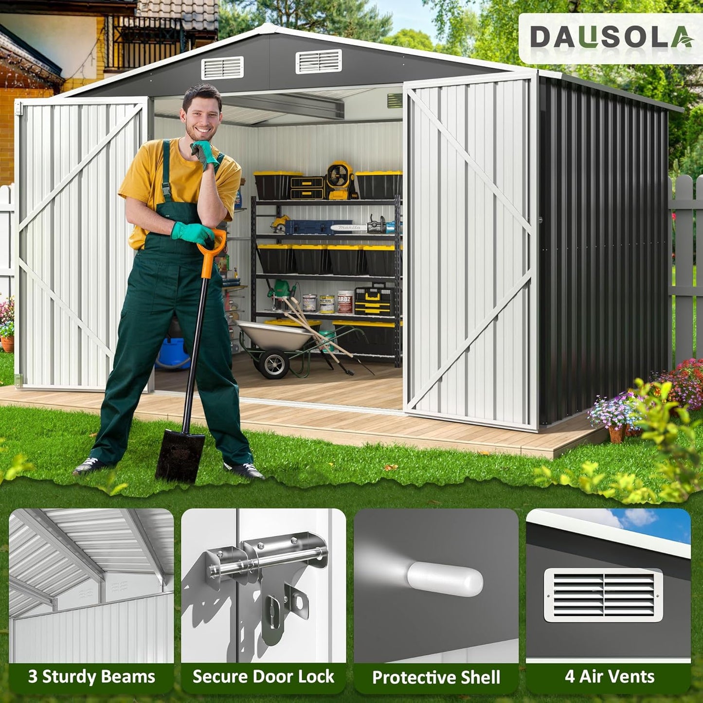 10x8 FT Outdoor Storage Shed, Metal Garden Tool Shed with Updated Frame Structure and Lockable Doors, Ideal for Backyard Garden Patio Lawn, Grey