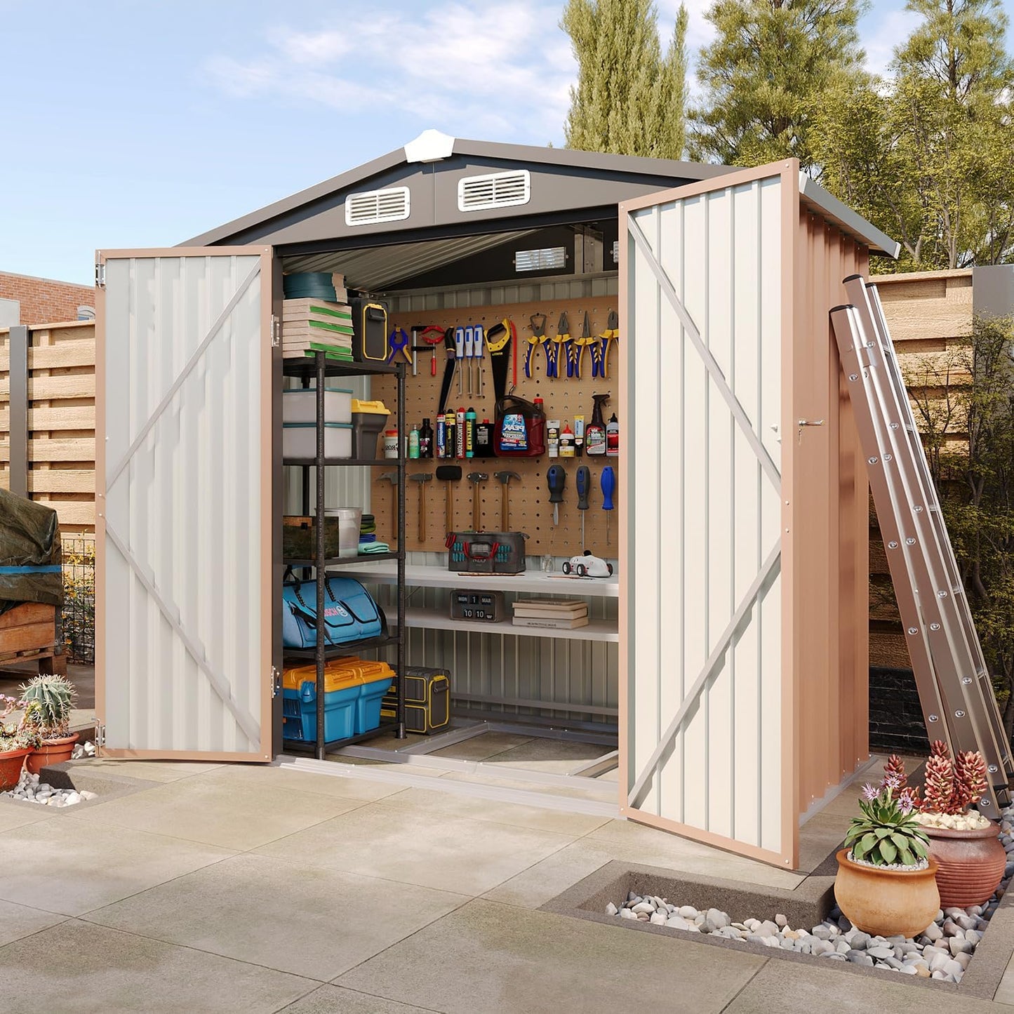 Aoxun 6.2x4 FT Shed Outdoor Storage Shed with Lockable Doors & Slooping Roof Metal Garden Tool Shed for Backyard, Patio, Poolside (Brown)