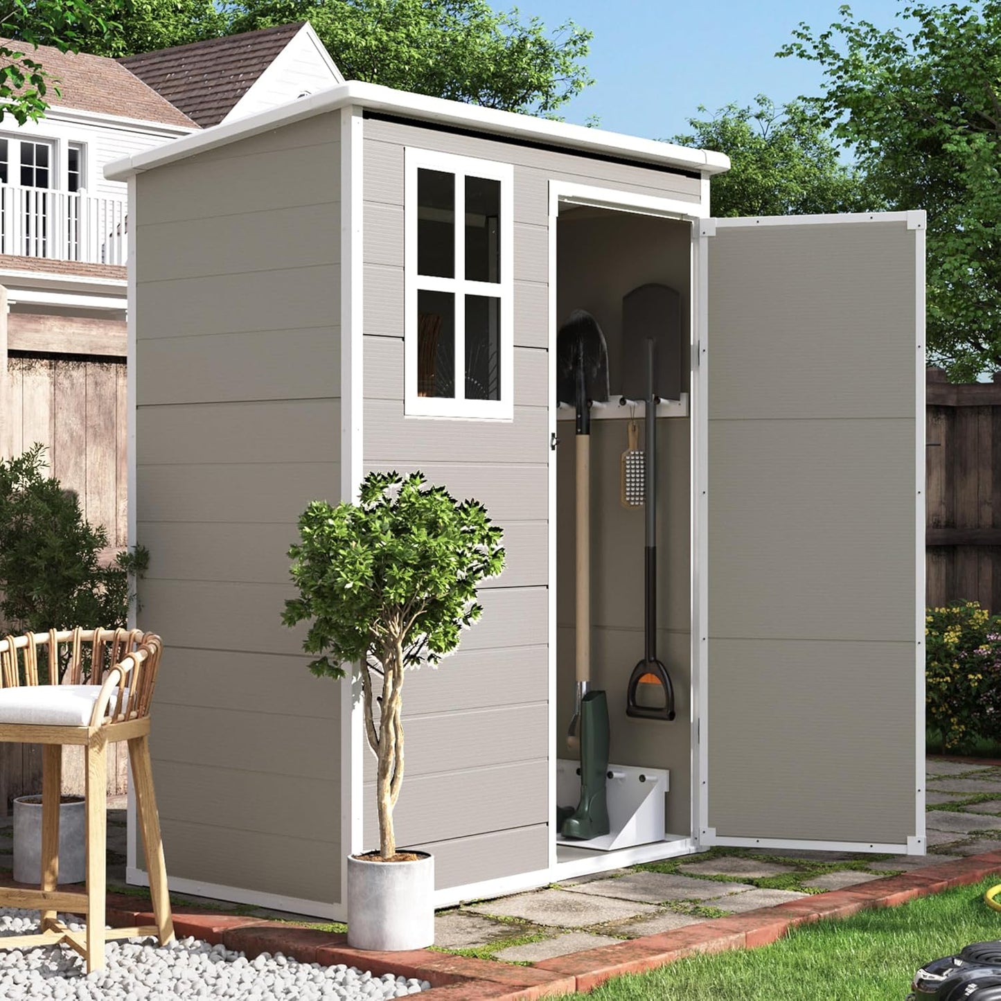 UDPATIO Outdoor Resin Storage Shed 6x4.5 FT, Plastic Garden Shed for Bike, Garbage Can, Tool, Outside Sheds with Lockable Door for Backyard, Patio, Lawn, Grey & White
