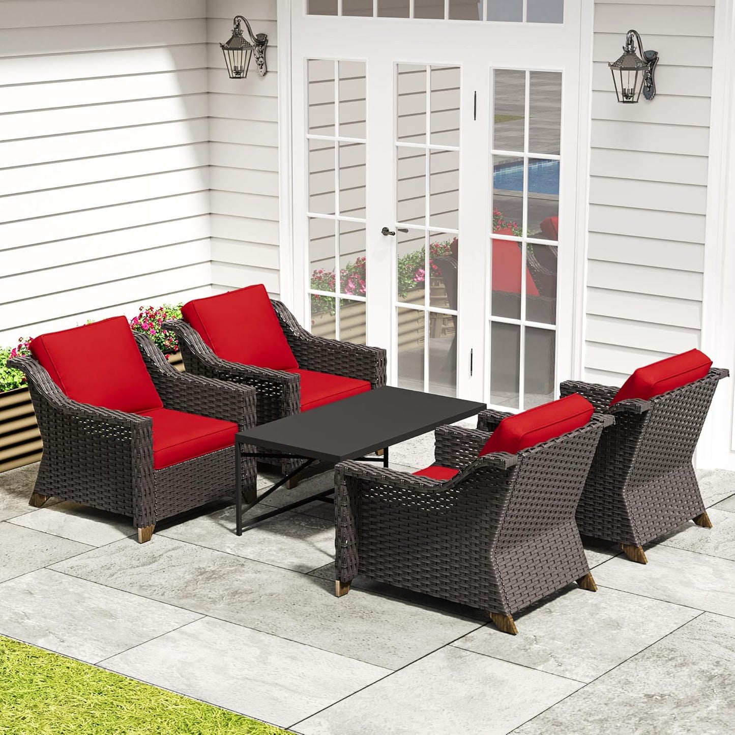 77'' Patio Sofa, All Weather Outdoor Rattan Wicker 3-Seat Sofa High Back Couch with Premium Cushions for Garden Backyard Porch(Brown/Navy)