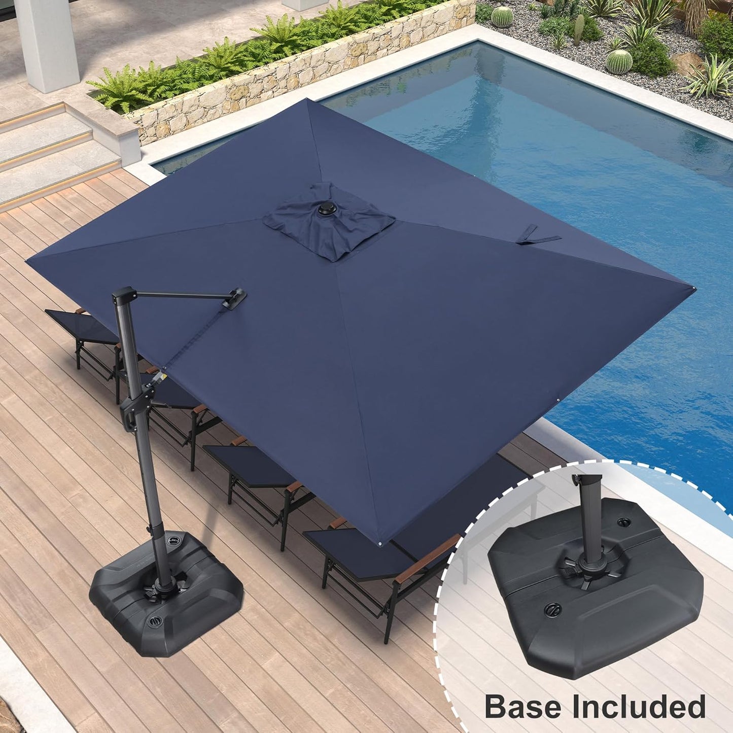 PURPLE LEAF 9' X 11.5' Cantilever Outdoor Rectangle Umbrella Patio Umbrella with Base Offset Umbrella with 360-degree Rotation for Garden Pool Deck Patio Navy Blue
