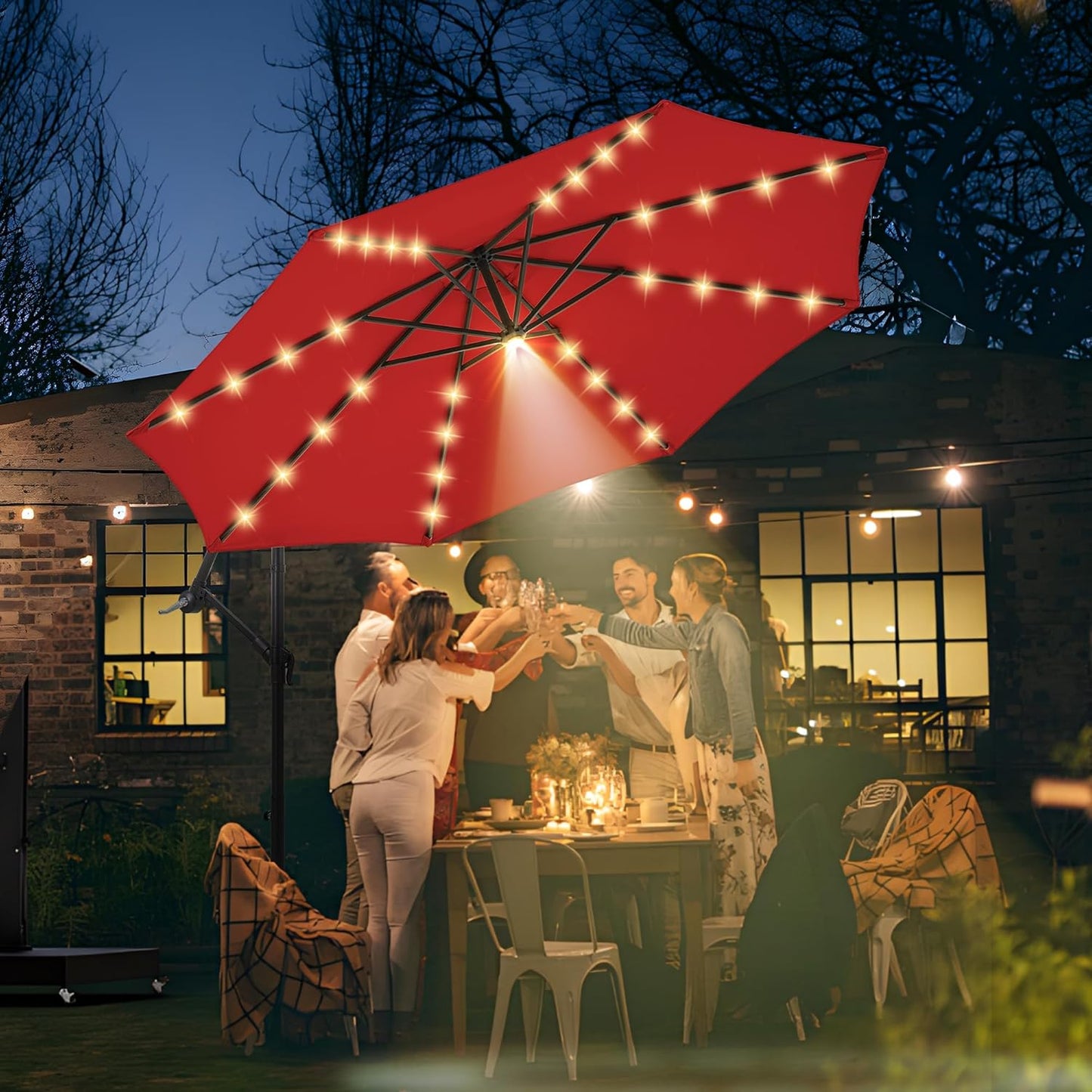 10 ft Offset Patio Umbrella with Solar Lights, 32 LED+1 Spotlight, Large Cantilever Umbrella Outdoor Patio, White & Warm Light Modes, Heavy Duty, for Pool, Deck, Market