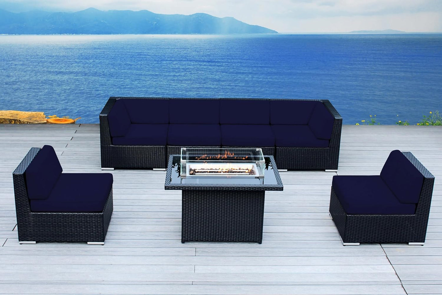 7 Piece Outdoor Patio Furniture Black Wicker Conversation Set with Fully Assembled Sectional and 42-inch Propane Gas Fire Table