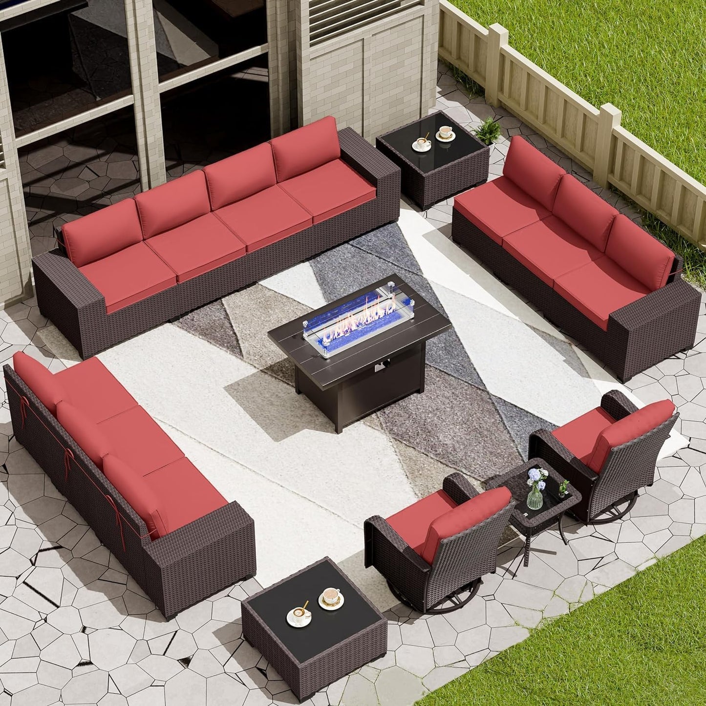 12 Pcs Outdoor Patio Furniture Set Outdoor Furniture All Weather Patio Sectional Sofa PE Wicker Modular Conversation Sets with Coffee Table, Swivel Rocking Chair (Grey)