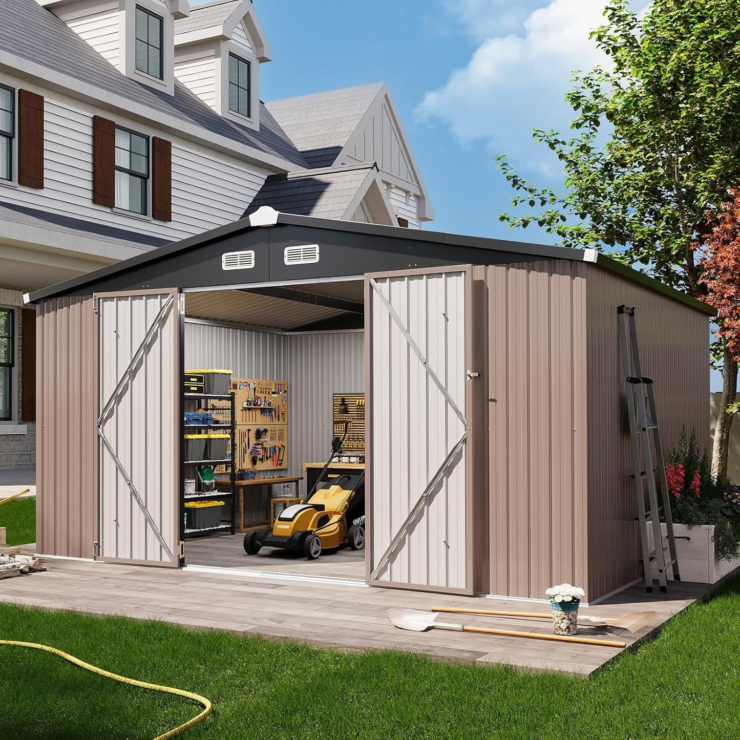 Aoxun 10 x 12FT Outdoor Storage Shed with Double Hinged Large Door Utility Garden Shed with Lockable Door & Sloped Roof Metal Sheds Outdoor Storage for Garden, Backyard, Patio and Backyard, Brown