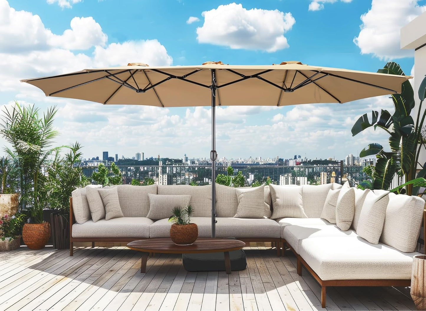 Bigroof 15ft x 9ft Patio Double-Sided Umbrella with Base & Crank, Extra Large Rectangular Outdoor Umbrella for Patio, Lawn & Garden, Beige