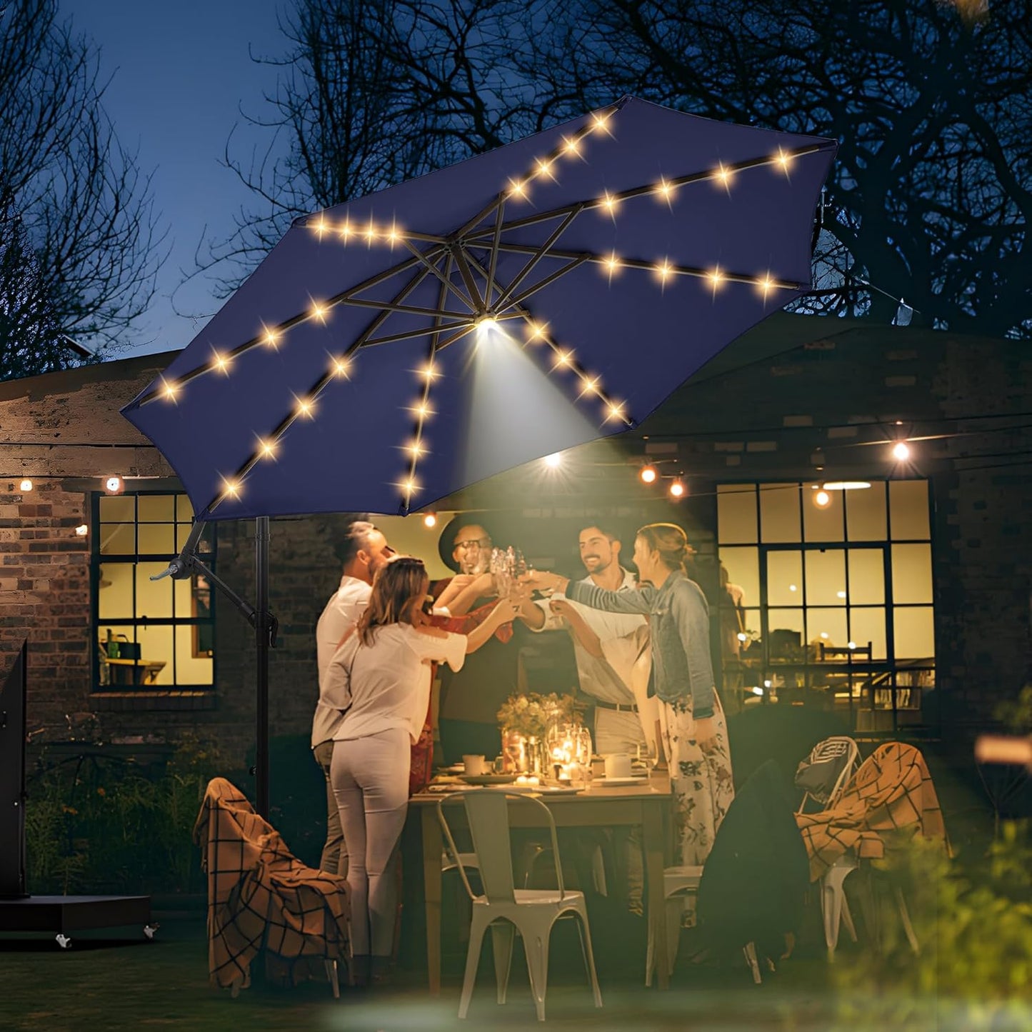 10 ft Offset Patio Umbrella with Solar Lights, 32 LED+1 Spotlight, Large Cantilever Umbrella Outdoor Patio, White & Warm Light Modes, Heavy Duty, for Pool, Deck, Market