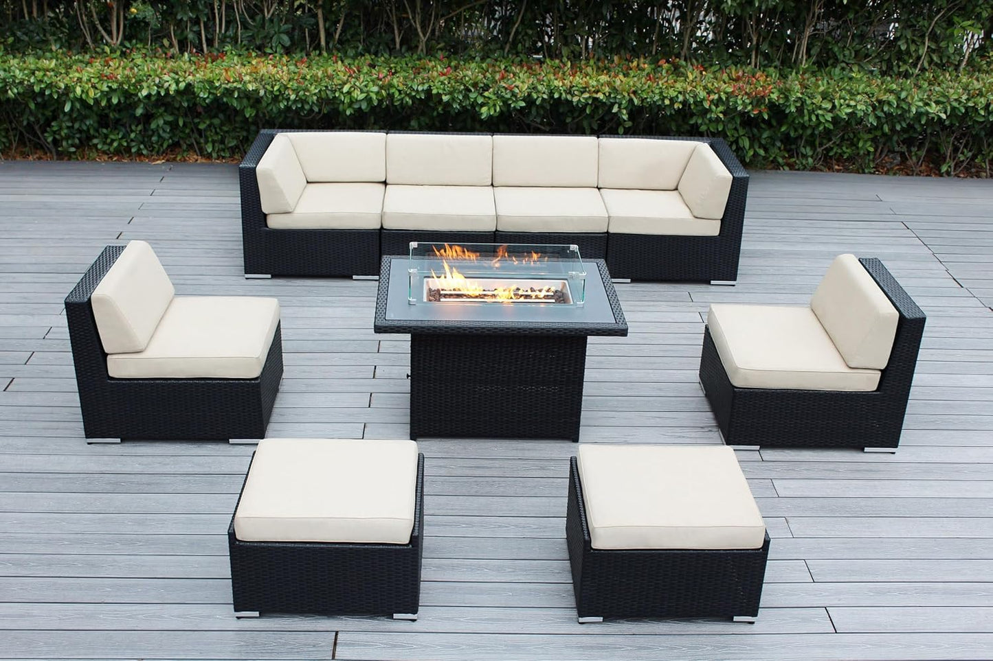 7 Piece Outdoor Patio Furniture Black Wicker Conversation Set with Fully Assembled Sectional and 42-inch Propane Gas Fire Table