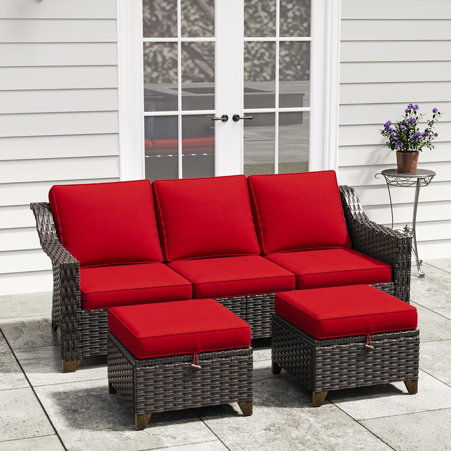 77'' Patio Sofa, All Weather Outdoor Rattan Wicker 3-Seat Sofa High Back Couch with Premium Cushions for Garden Backyard Porch(Brown/Navy)