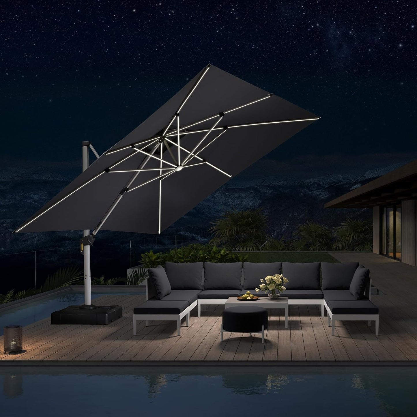 PURPLE LEAF 9' X 12' Solar Powered LED Patio Umbrella Cantilever Umbrellas Offset Double Top Hanging Outdoor Umbrella Market Umbrellas for Garden, Heather Taupe