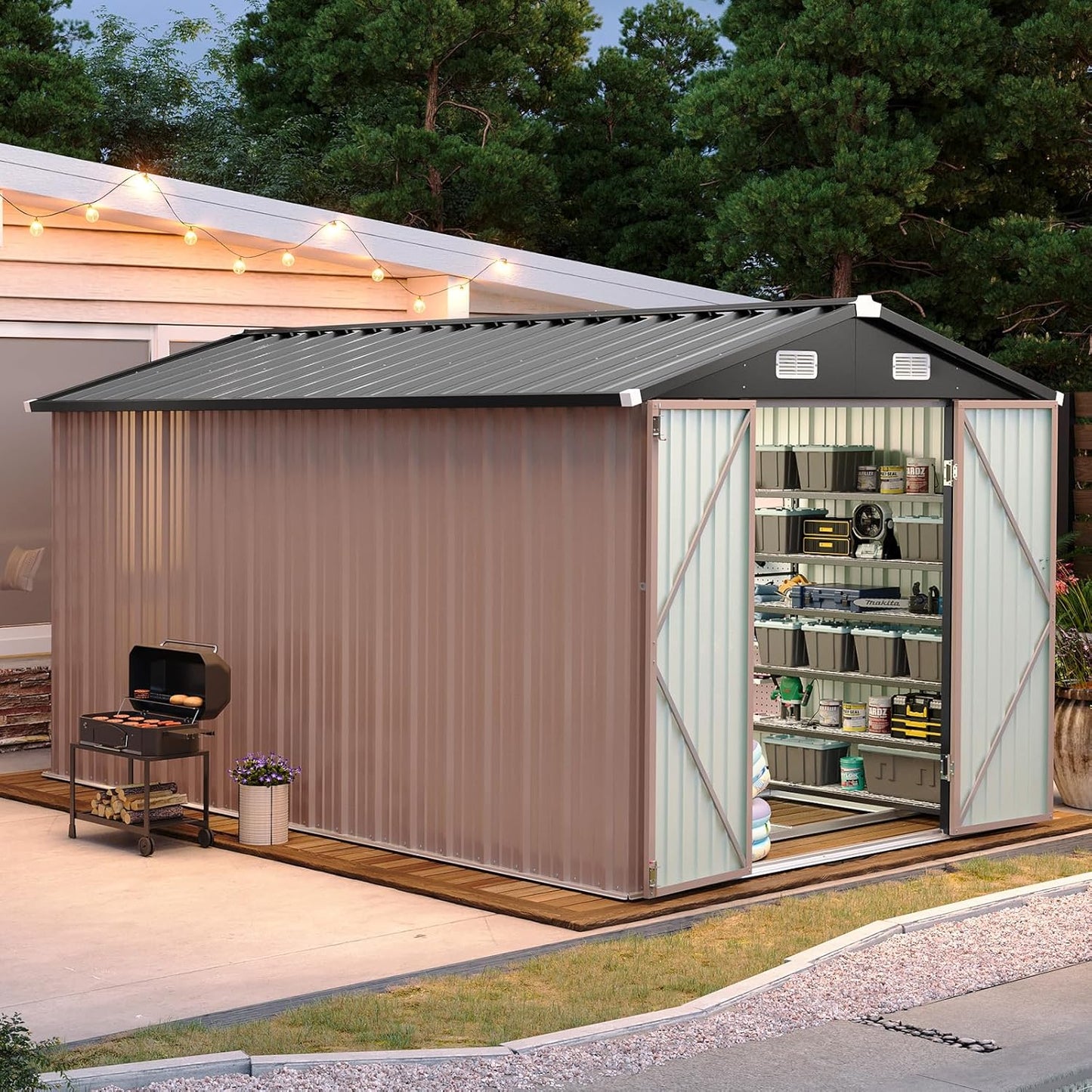 Aoxun 6.2x4 FT Shed Outdoor Storage Shed with Lockable Doors & Slooping Roof Metal Garden Tool Shed for Backyard, Patio, Poolside (Brown)