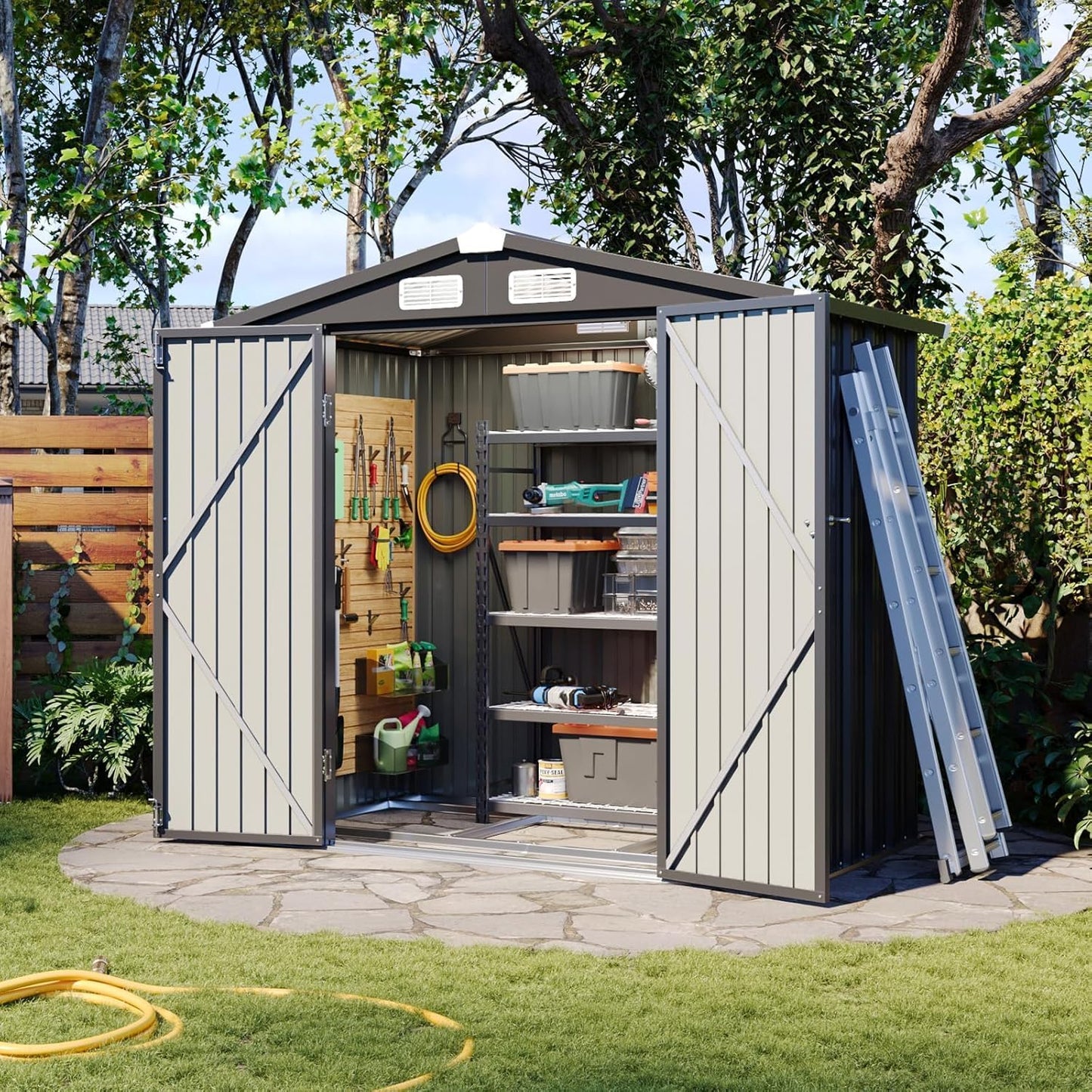 Aoxun 6.2x4 FT Shed Outdoor Storage Shed with Lockable Doors & Slooping Roof Metal Garden Tool Shed for Backyard, Patio, Poolside (Brown)
