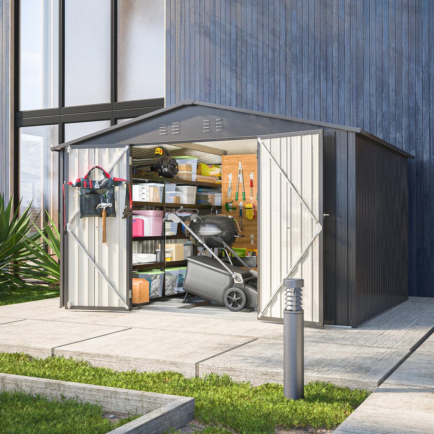 Large Storage Shed 11x12.5ft with Windows, Galvanized Steel Outdoor Garden Shed - 900 Cu.Ft Utility Tool Room, Lockable Double Doors & Sloped Roof for Patio, Backyard (Brown)