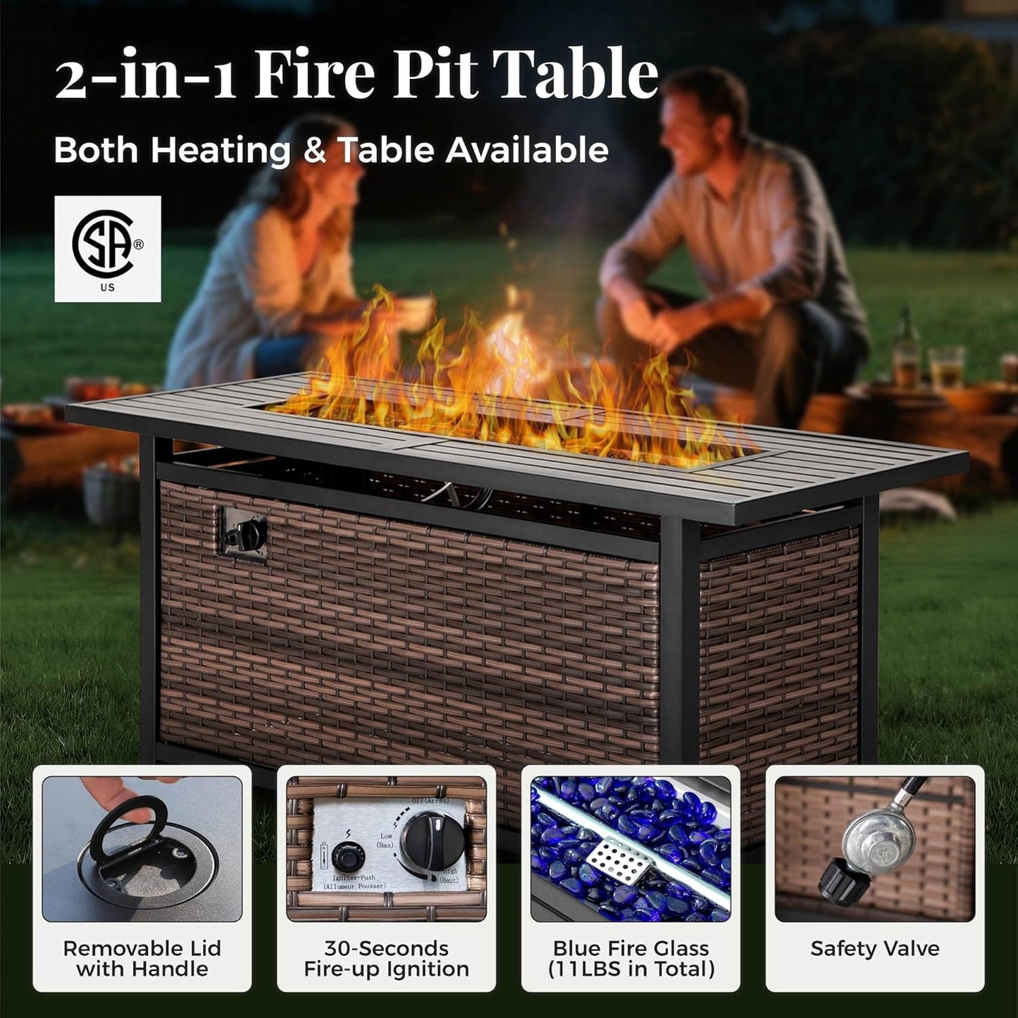Swivel Glider Patio Furniture Set, 8 Pcs Wicker Rattan Outdoor Conversation Set, 2 x Swivel Chairs, 2 x Leg Chairs, 1 x 3 Seater Sofa and 2 x Ottomans and 56" Fire Pit Table, Blue