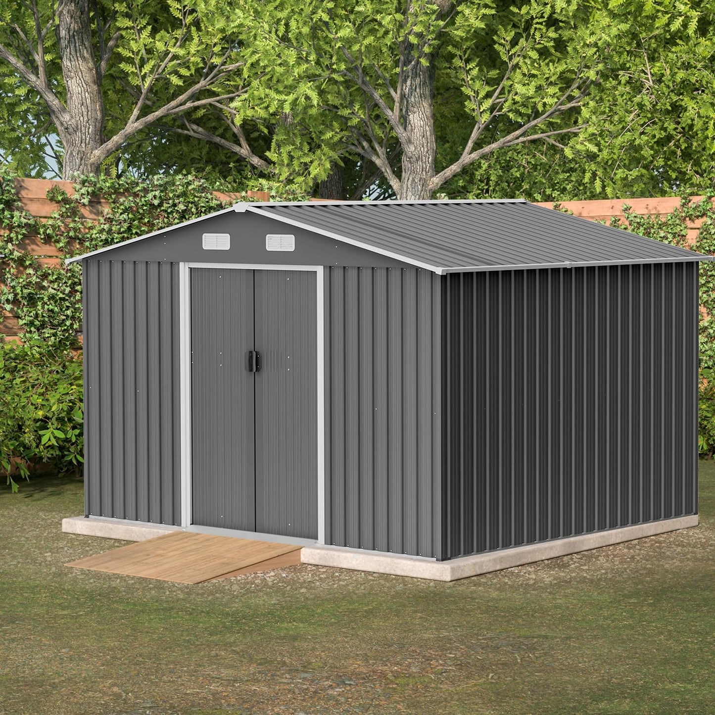 Large Storage Shed 11x12.5ft with Windows, Galvanized Steel Outdoor Garden Shed - 900 Cu.Ft Utility Tool Room, Lockable Double Doors & Sloped Roof for Patio, Backyard (Brown)