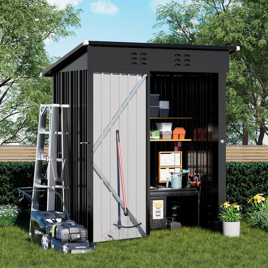 COMHOMA Shed Outdoor Storage Shed Metal,Lockable Doors Tool Sheds with Sloping Roof,Steel Garden Shed with Air Vent for Backyard,Patio,Lawn,Poolside (Grey, 5x3)