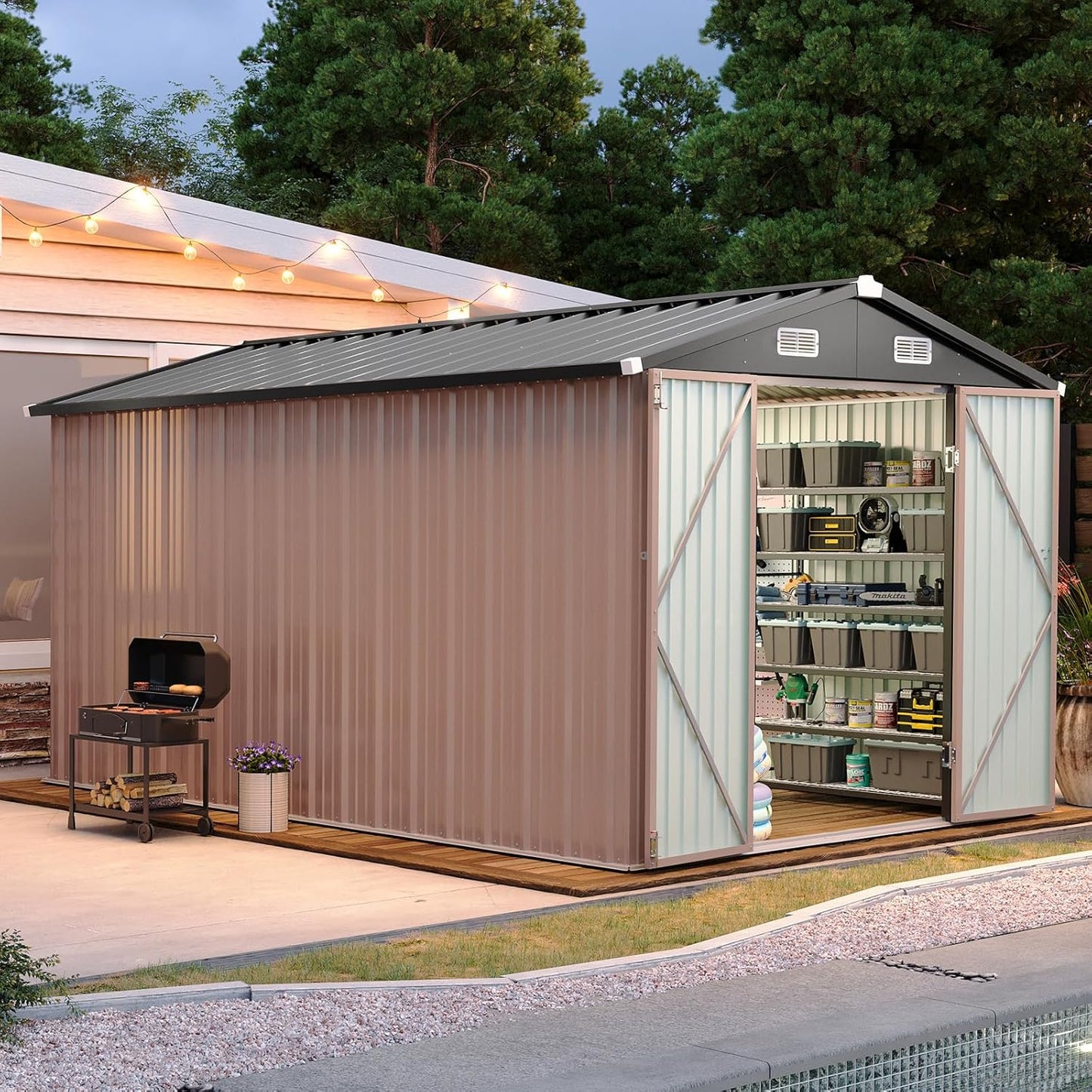 Aoxun 6.2x4 FT Shed Outdoor Storage Shed with Lockable Doors & Slooping Roof Metal Garden Tool Shed for Backyard, Patio, Poolside (Brown)