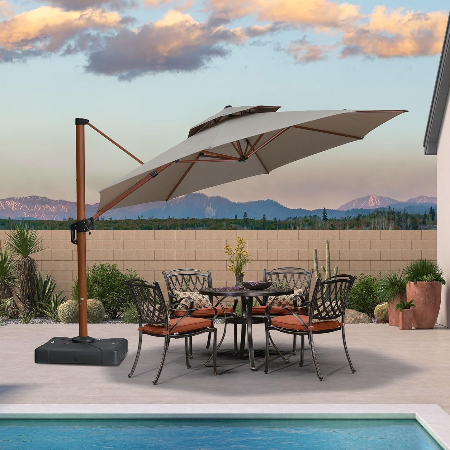 PURPLE LEAF 11ft Patio Umbrella Cantilever Umbrellas Outdoor Round Wood Umbrella Offset Umbrellas Heavy Duty Sun for Garden Deck Pool, Deep Beige