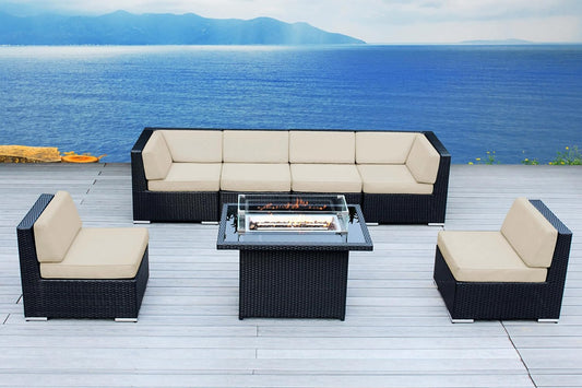7 Piece Outdoor Patio Furniture Black Wicker Conversation Set with Fully Assembled Sectional and 42-inch Propane Gas Fire Table