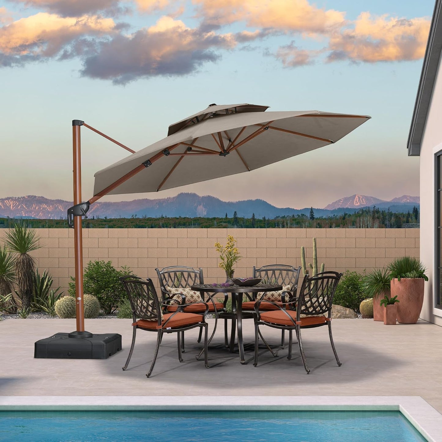 PURPLE LEAF 11ft Patio Umbrella Cantilever Umbrellas Outdoor Round Wood Umbrella Offset Umbrellas Heavy Duty Sun for Garden Deck Pool, Deep Beige