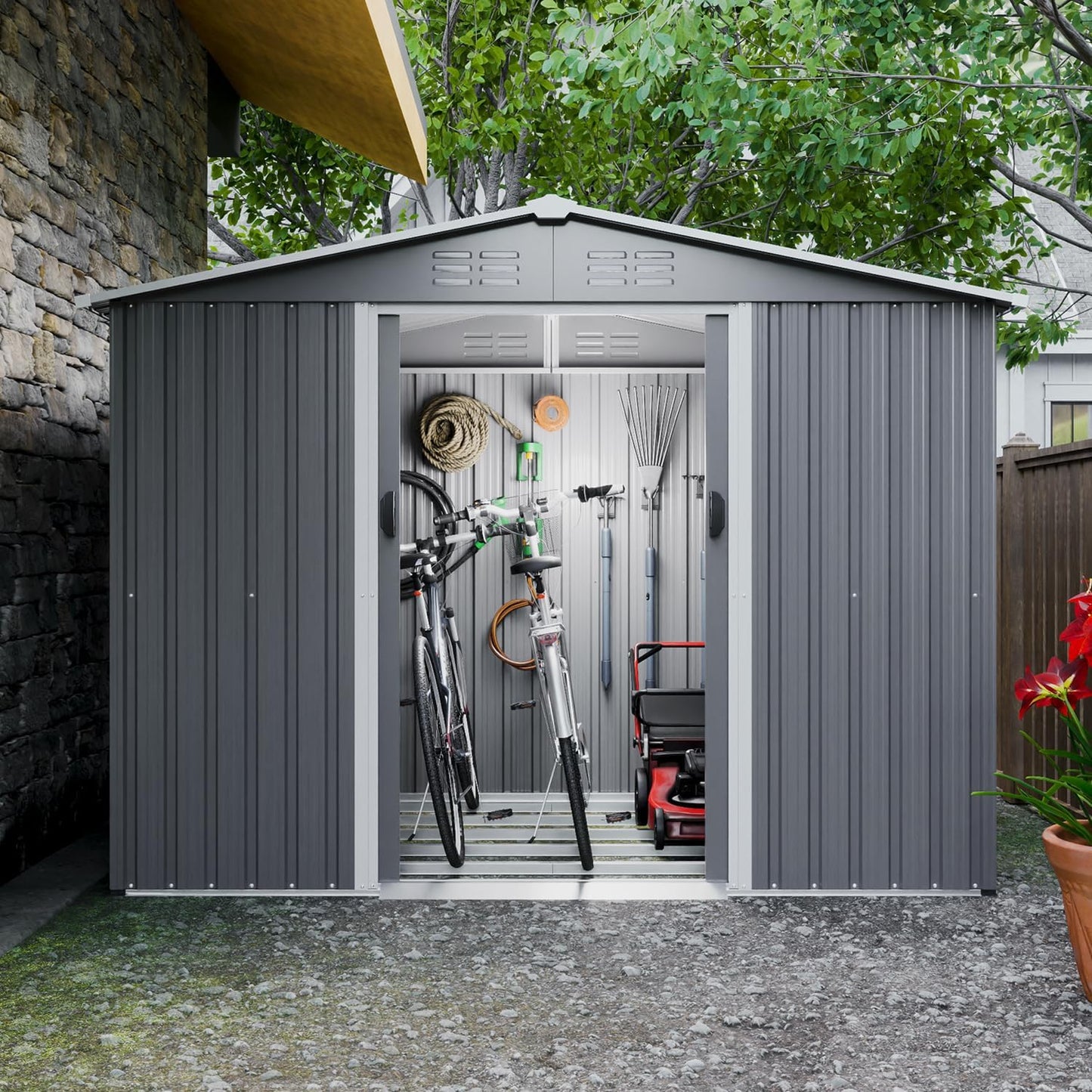 Large Storage Shed 11x12.5ft with Windows, Galvanized Steel Outdoor Garden Shed - 900 Cu.Ft Utility Tool Room, Lockable Double Doors & Sloped Roof for Patio, Backyard (Brown)