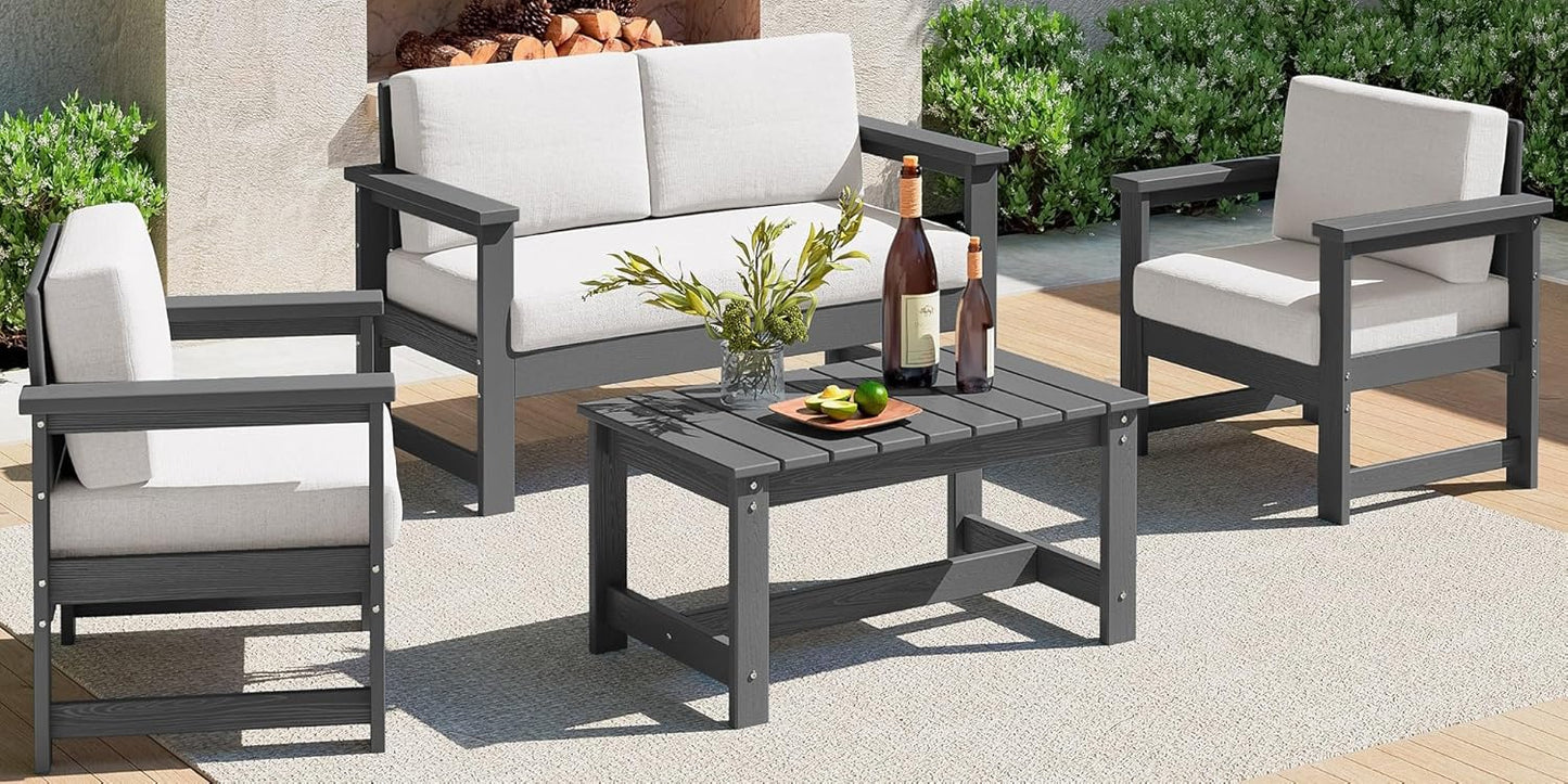 SERWALL 8 Pieces HDPE Outdoor Conversation Sofa Set with Cushions, All Weather Use Patio Couch Loveseat Furniture with Side Table for Balcony, Deck, Poolside, Black Frame with Khaki Cushions