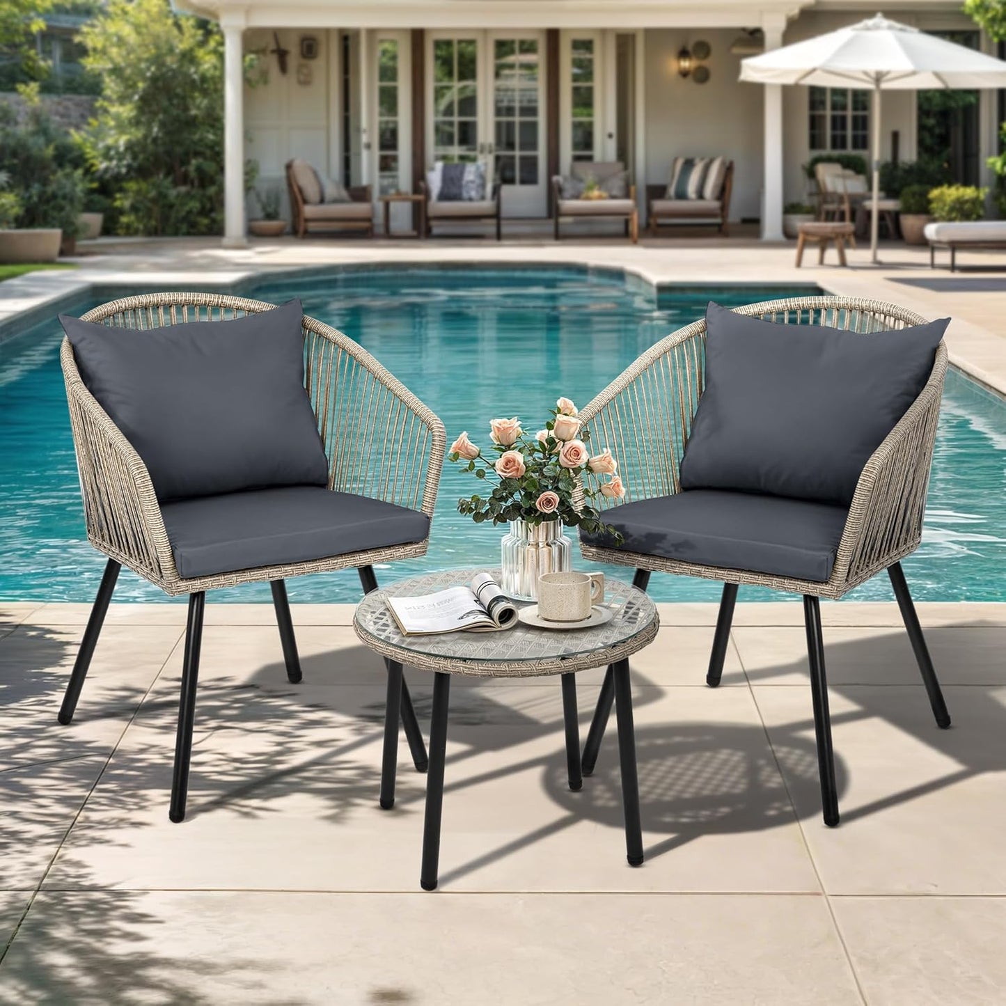 DWVO Bistro Table and Chairs Set of 2, Outdoor Patio Furniture Set with Cushion Chairs and Glass Table, Front Porch Furniture for Backyard, Deck, and Balcony, Gray