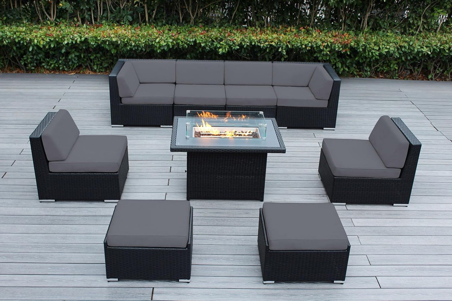 7 Piece Outdoor Patio Furniture Black Wicker Conversation Set with Fully Assembled Sectional and 42-inch Propane Gas Fire Table