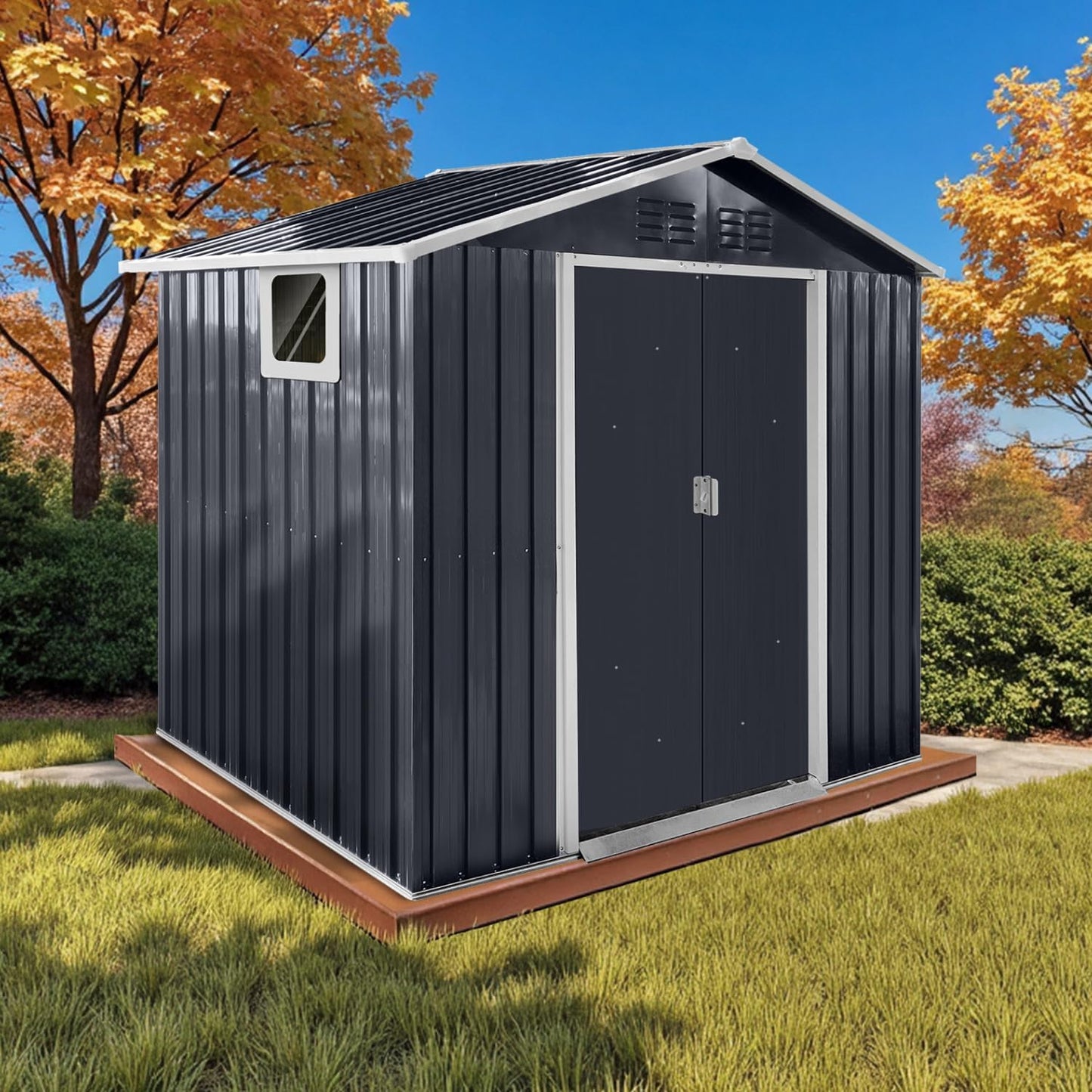 12x10 Ft Storage Shed Outdoor, XL Permanent Steel Building with Window, Sliding Doors and 4 Air Vents for Backyard Garden Patio Lawn - Black