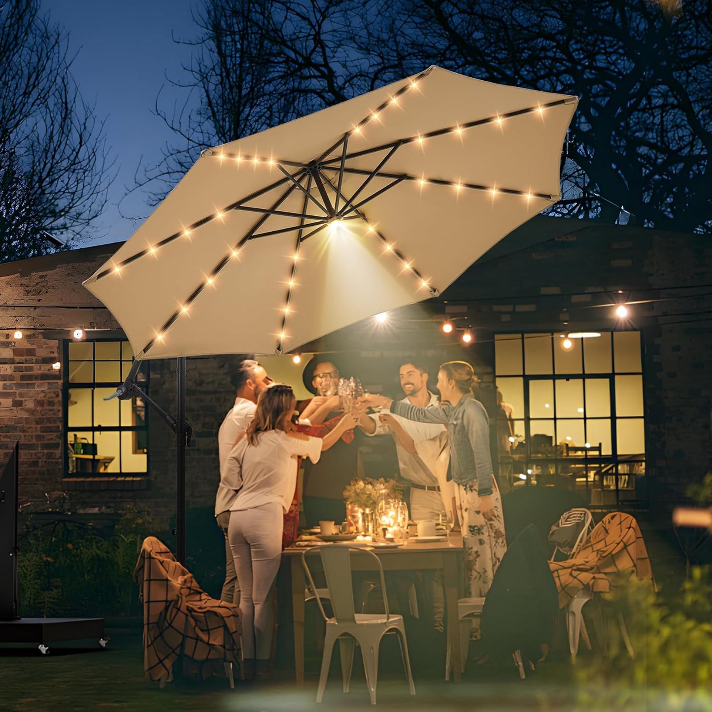 10 ft Offset Patio Umbrella with Solar Lights, 32 LED+1 Spotlight, Large Cantilever Umbrella Outdoor Patio, White & Warm Light Modes, Heavy Duty, for Pool, Deck, Market