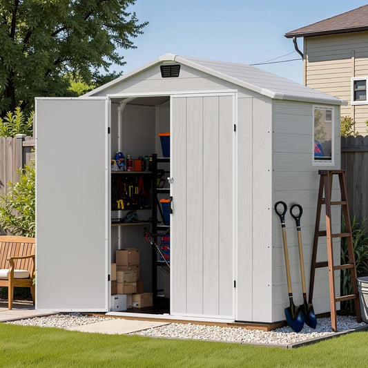 Patiowell 6 x 4 FT Plastic Outdoor Storage Shed with Floor, Resin Outside Tool Shed with Window and Lockable Door for Garden, Backyard, Tool Storage Use, Easy to Install, Light Grey