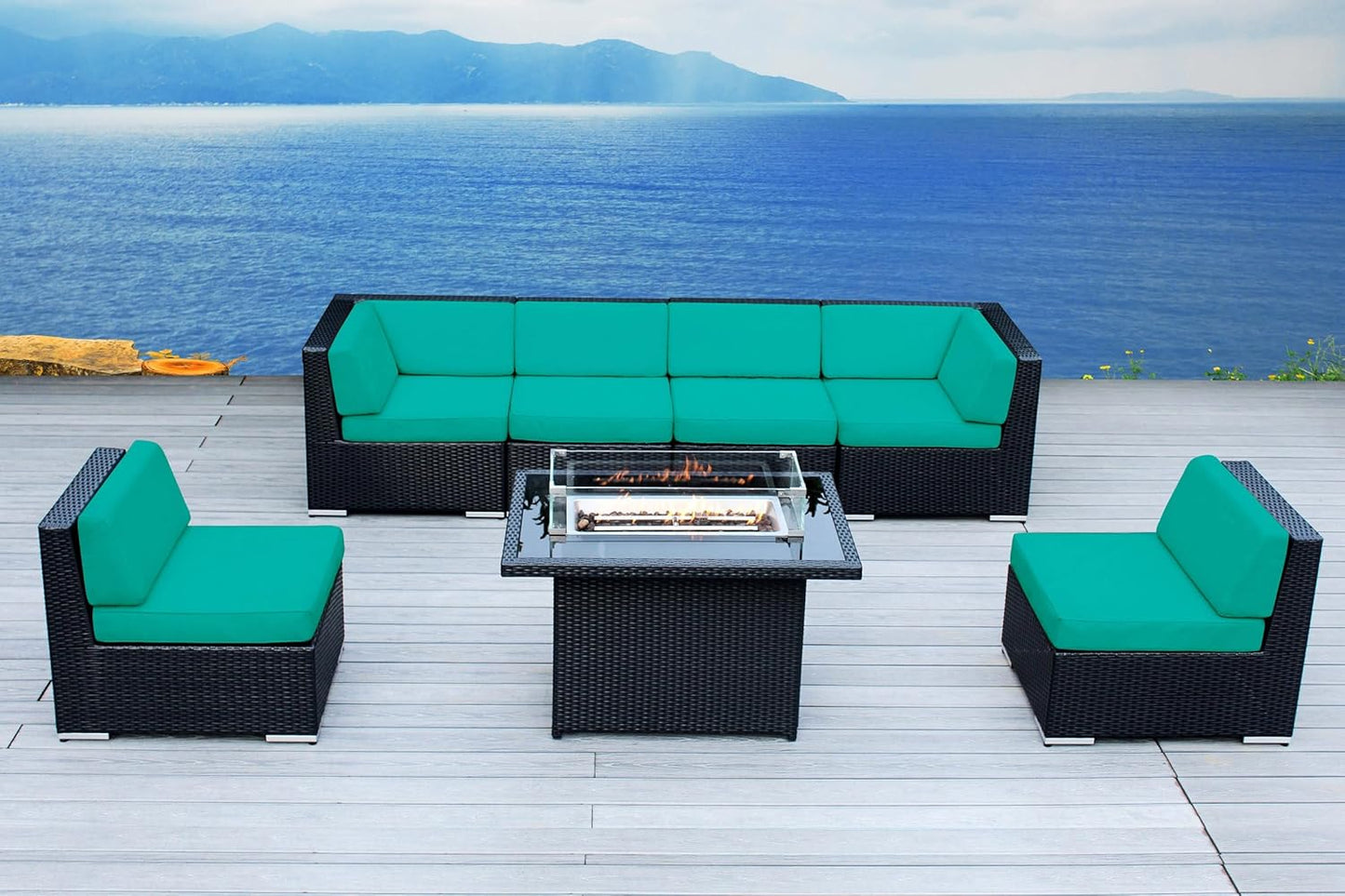 7 Piece Outdoor Patio Furniture Black Wicker Conversation Set with Fully Assembled Sectional and 42-inch Propane Gas Fire Table