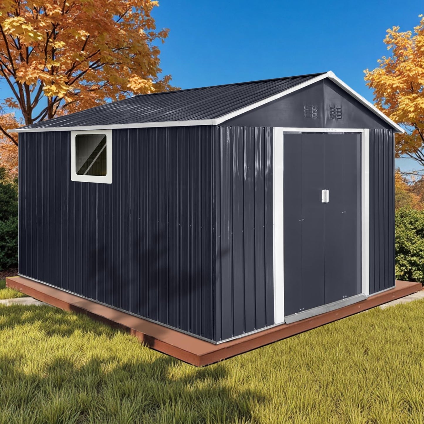 12x10 Ft Storage Shed Outdoor, XL Permanent Steel Building with Window, Sliding Doors and 4 Air Vents for Backyard Garden Patio Lawn - Black