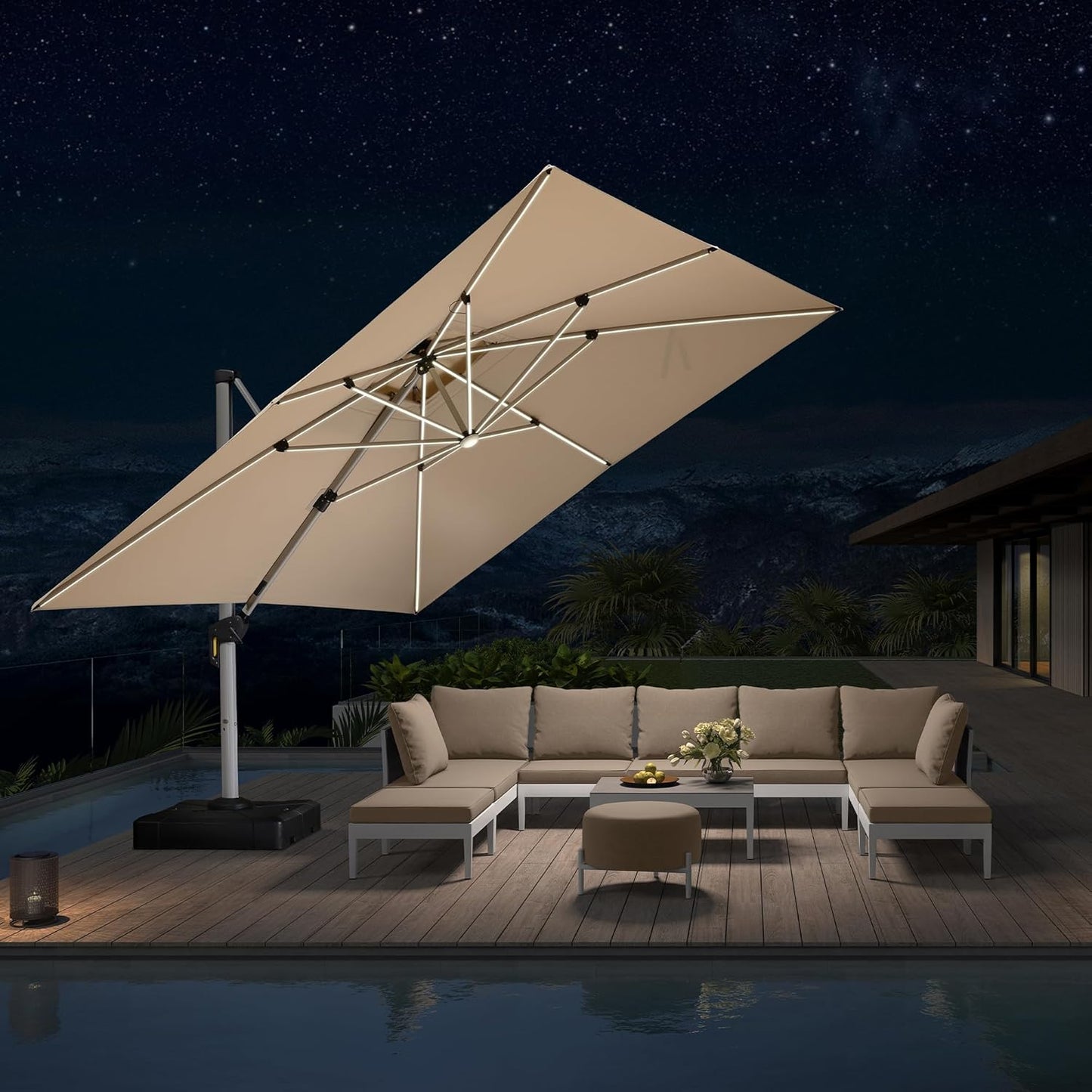 PURPLE LEAF 9' X 12' Solar Powered LED Patio Umbrella Cantilever Umbrellas Offset Double Top Hanging Outdoor Umbrella Market Umbrellas for Garden, Heather Taupe