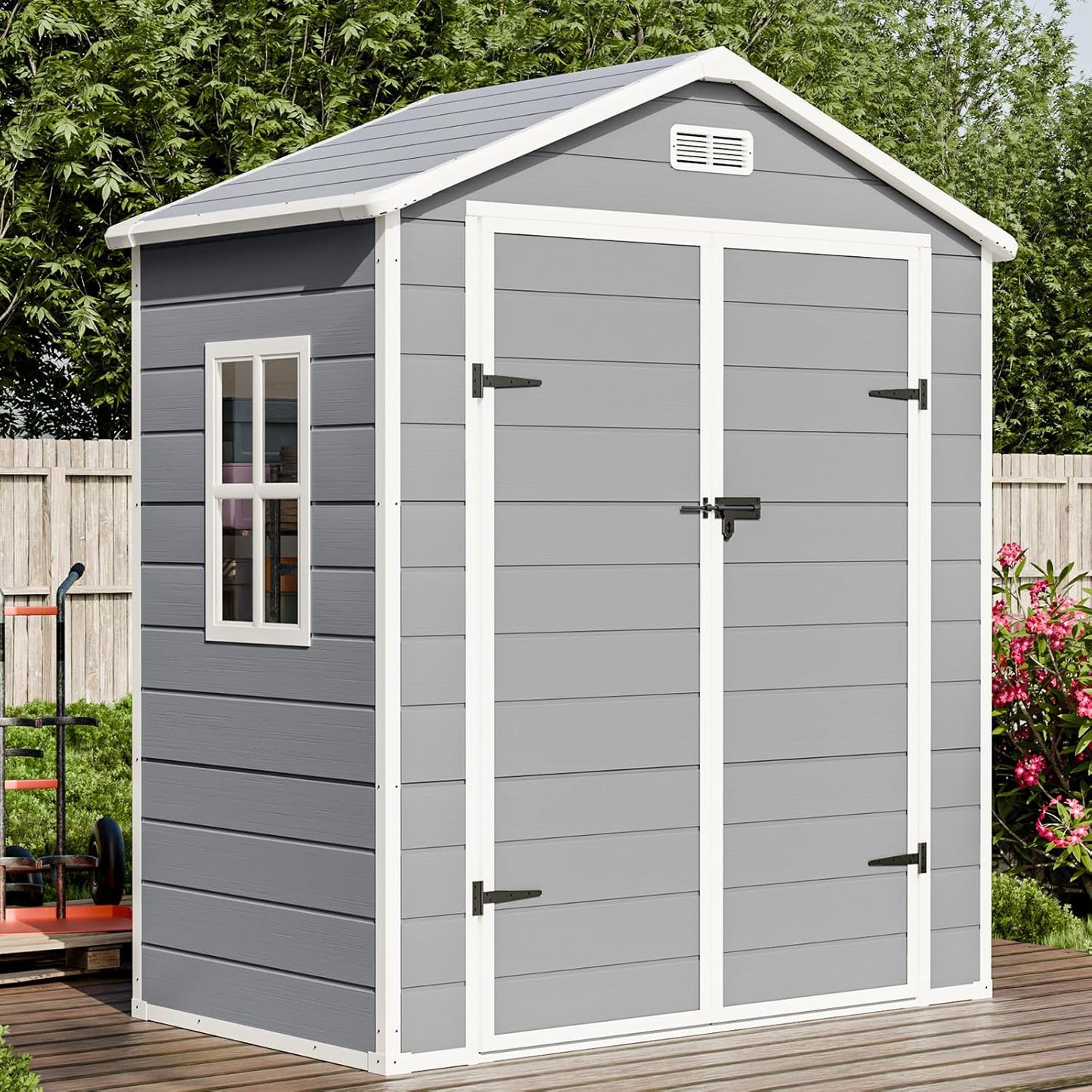 8x6x7 FT Resin Storage Shed, Waterproof Outdoor Storage Shed w/Floor, 2 Windows, Double Lockable Doors & Vents, Tool Shed for Patio Garden, Lawn, Backyard, Dove Grey
