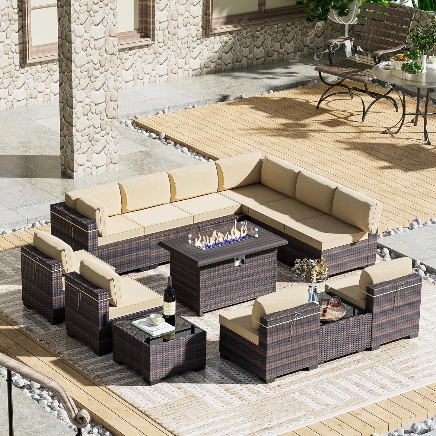 12 Pcs Outdoor Patio Furniture Set Outdoor Furniture All Weather Patio Sectional Sofa PE Wicker Modular Conversation Sets with Coffee Table, Swivel Rocking Chair (Grey)