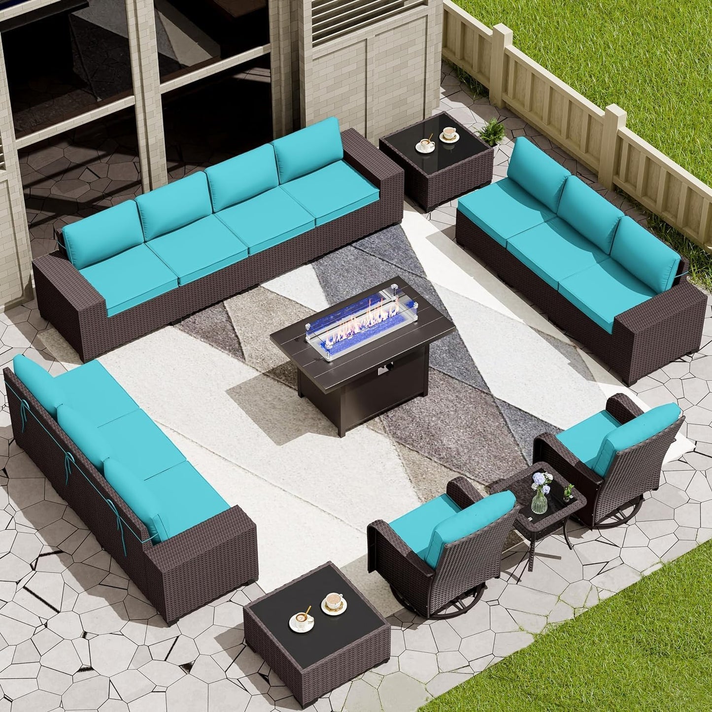 12 Pcs Outdoor Patio Furniture Set Outdoor Furniture All Weather Patio Sectional Sofa PE Wicker Modular Conversation Sets with Coffee Table, Swivel Rocking Chair (Grey)