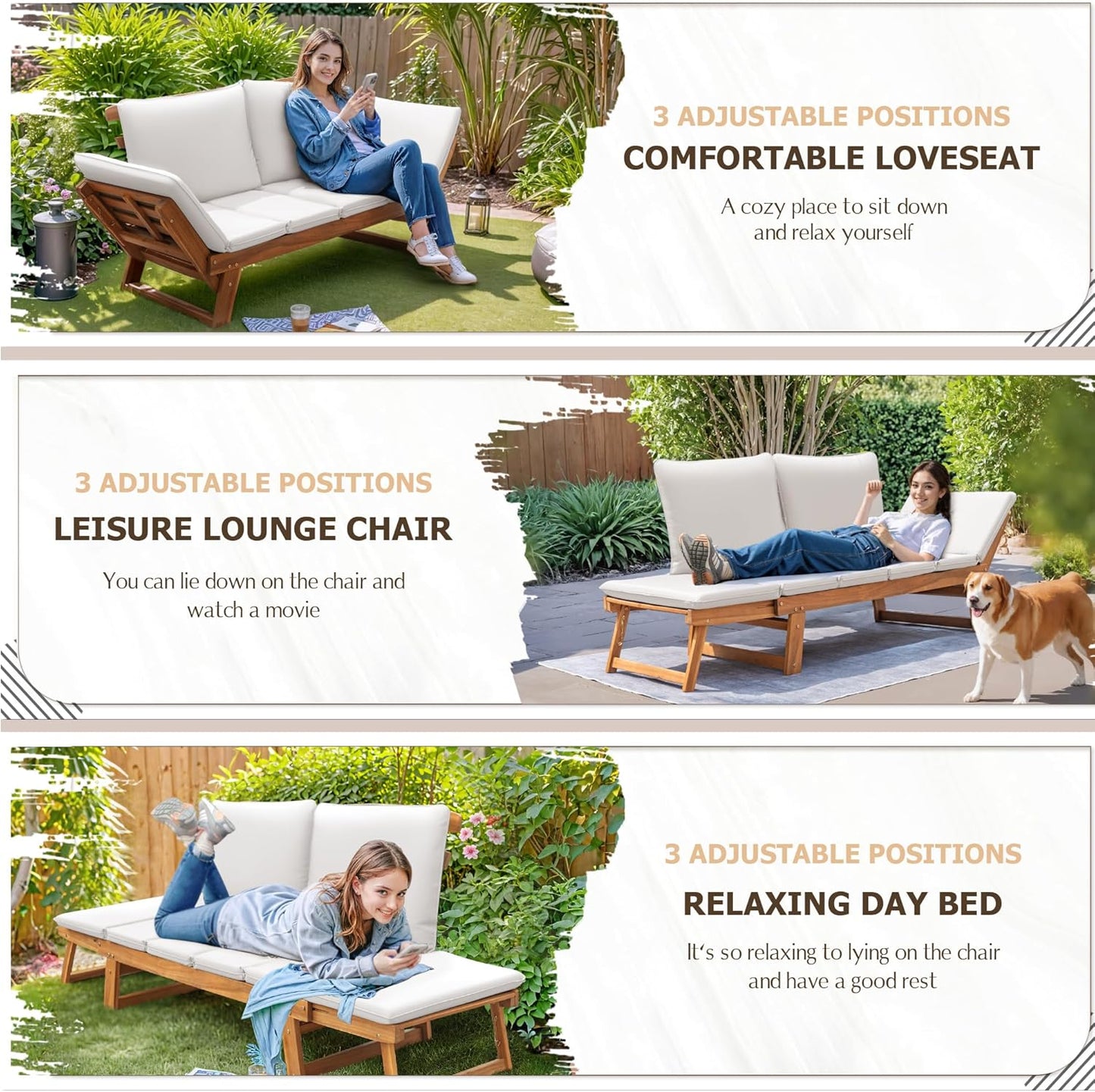 Devoko Outdoor Couch Acacia Wood Patio Couch with Adjustable Armrests,Outdoor Convertible Sofa with Removable Cushions&Pillows for Patio, Porch, Poolside(White)